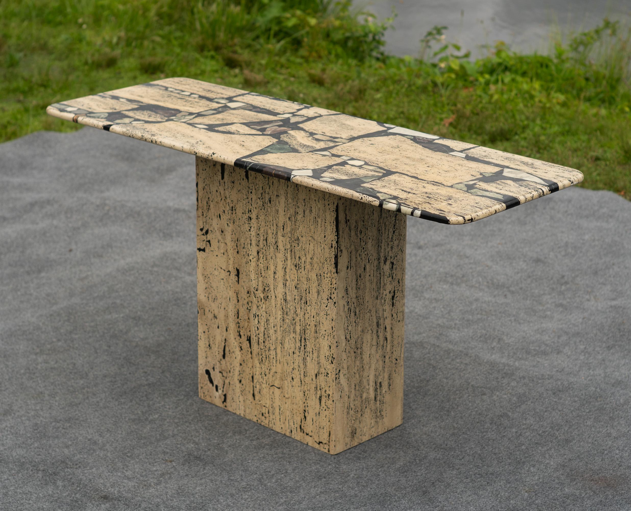 Mid-Century Modern 1980s Postmodern Italian Mixed Marble Inlay Travertine Console Table For Sale