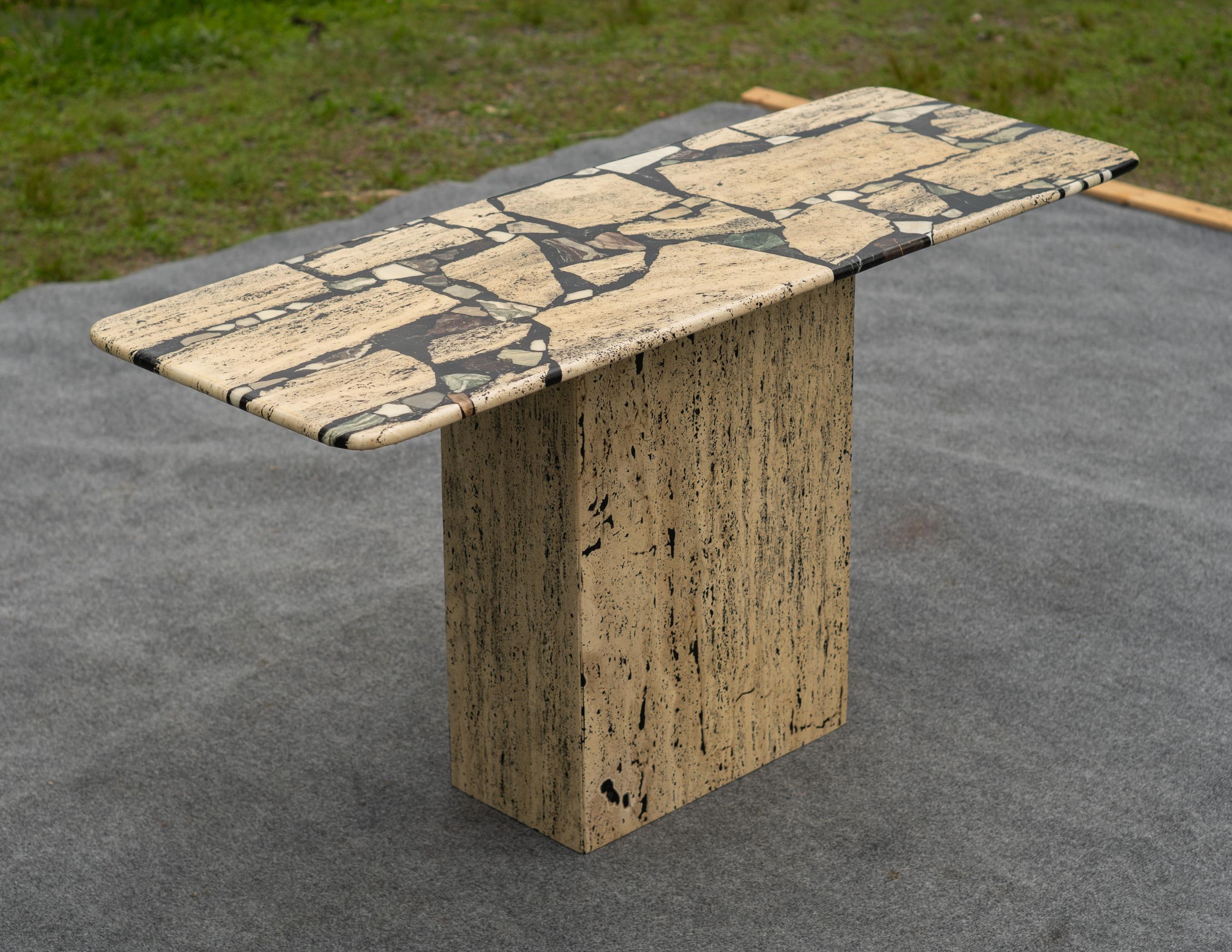 1980s Postmodern Italian Mixed Marble Inlay Travertine Console Table In Good Condition For Sale In Philadelphia, PA