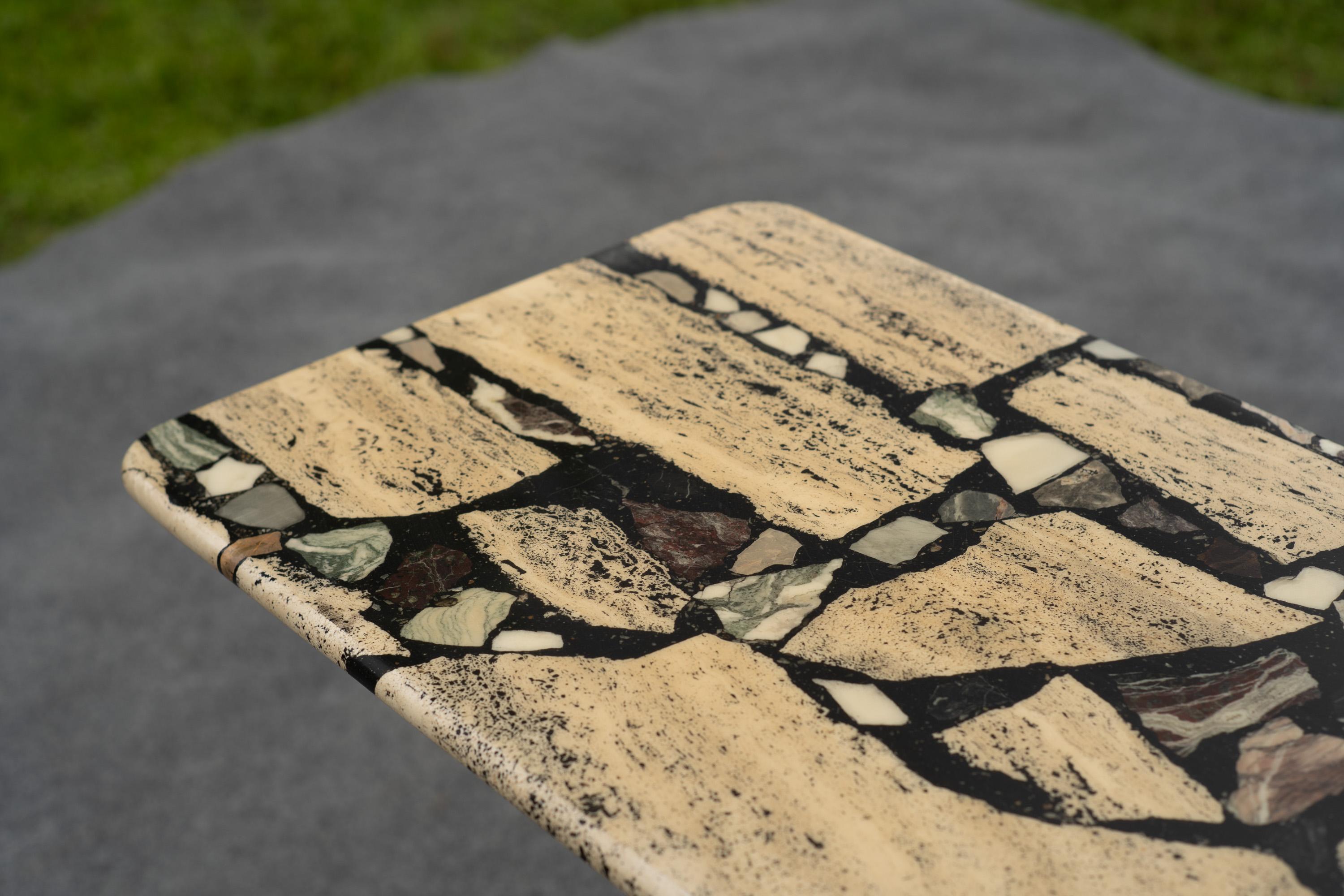 1980s Postmodern Italian Mixed Marble Inlay Travertine Console Table For Sale 1
