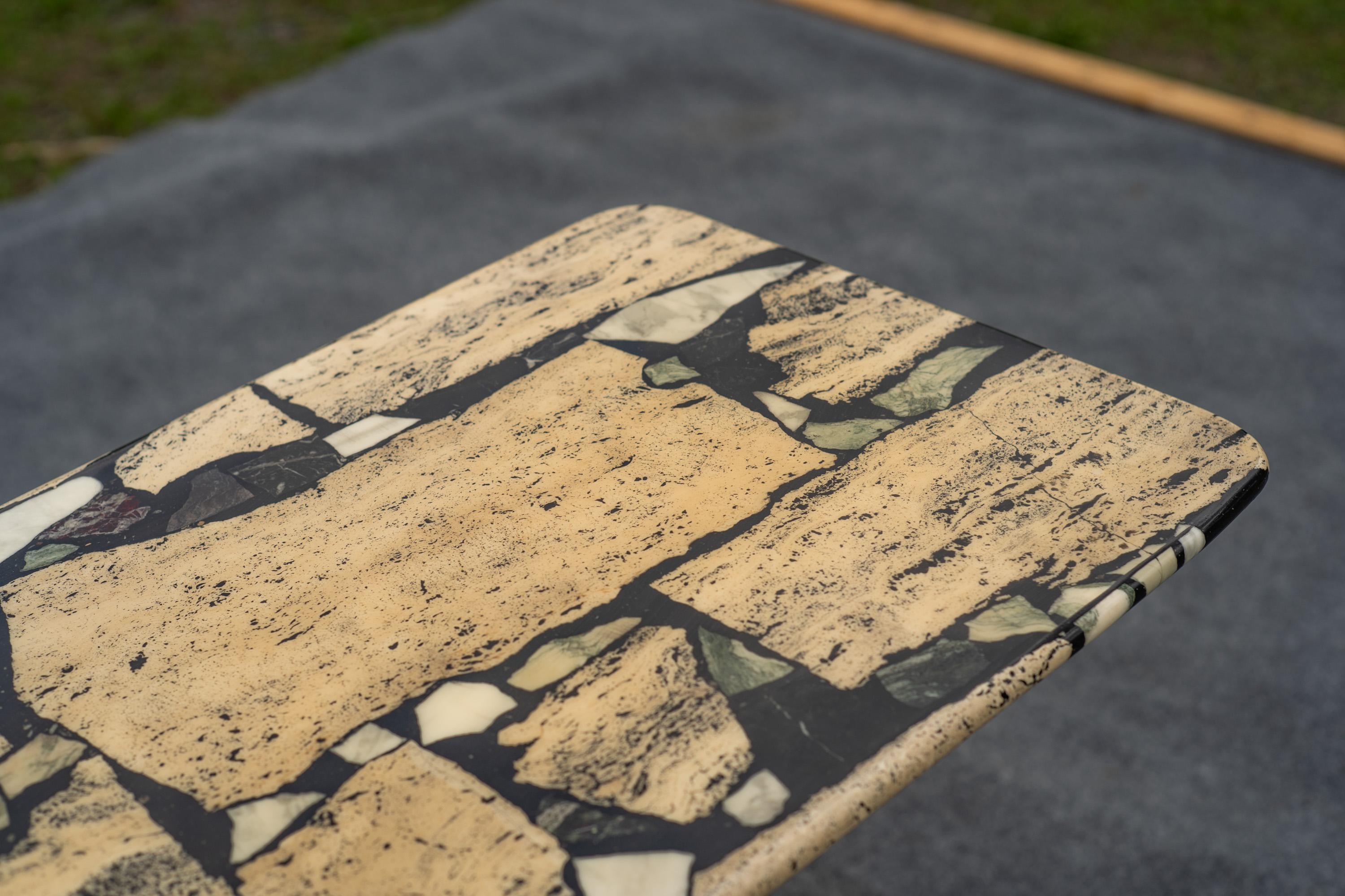 1980s Postmodern Italian Mixed Marble Inlay Travertine Console Table For Sale 2