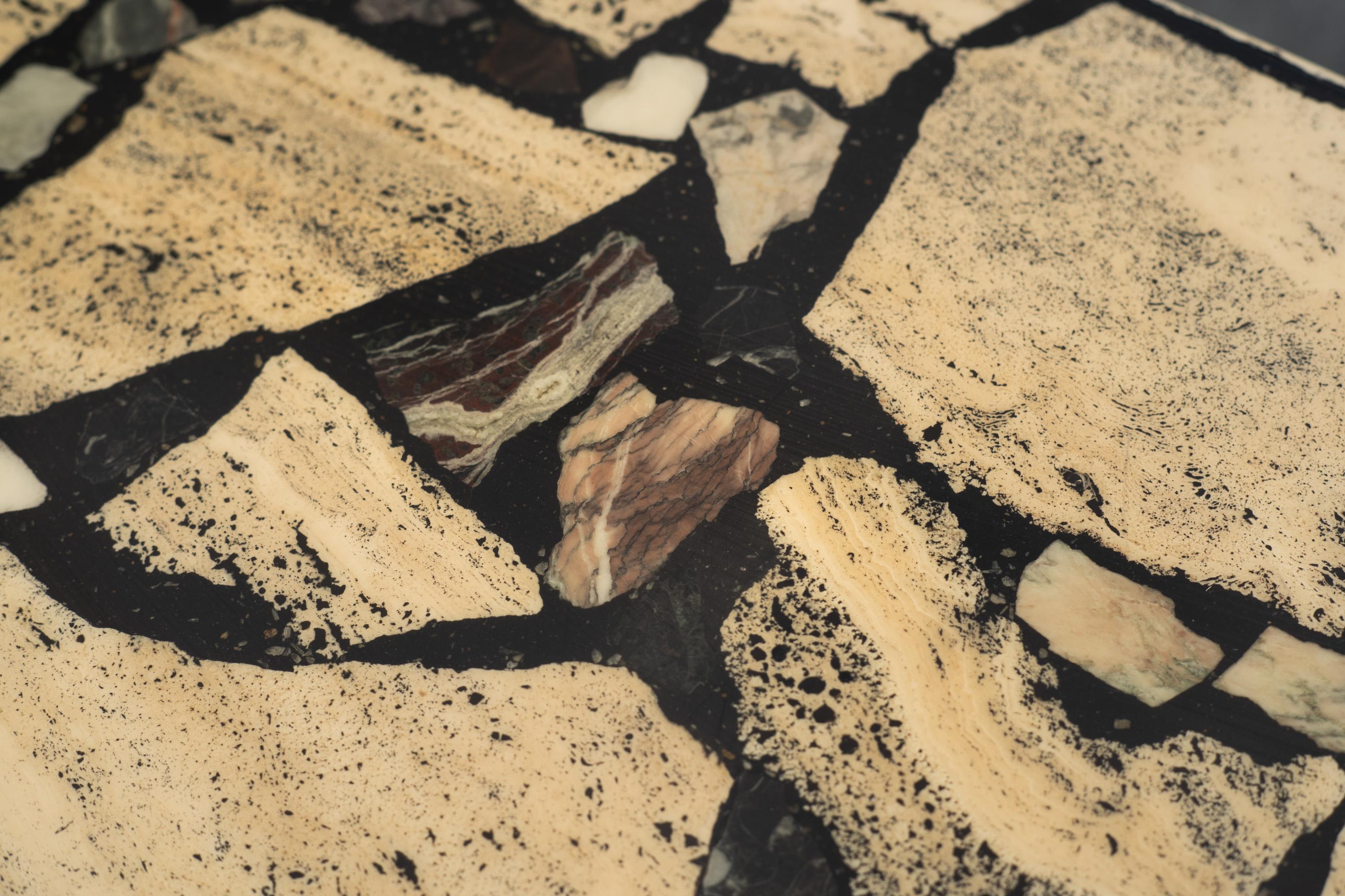 1980s Postmodern Italian Mixed Marble Inlay Travertine Console Table For Sale 3