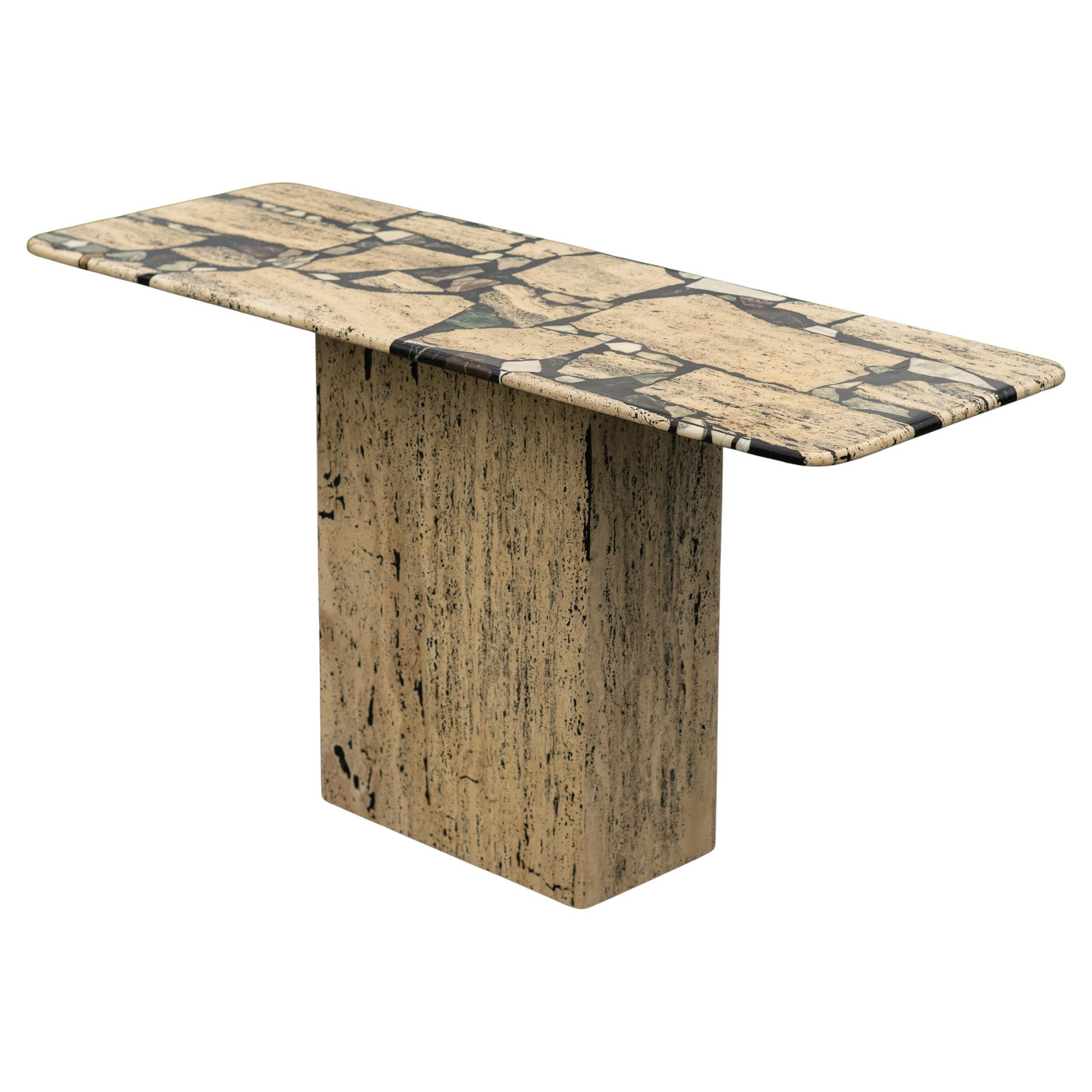 1980s Postmodern Italian Mixed Marble Inlay Travertine Console Table For Sale