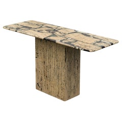 1980s Postmodern Italian Mixed Marble Inlay Travertine Console Table