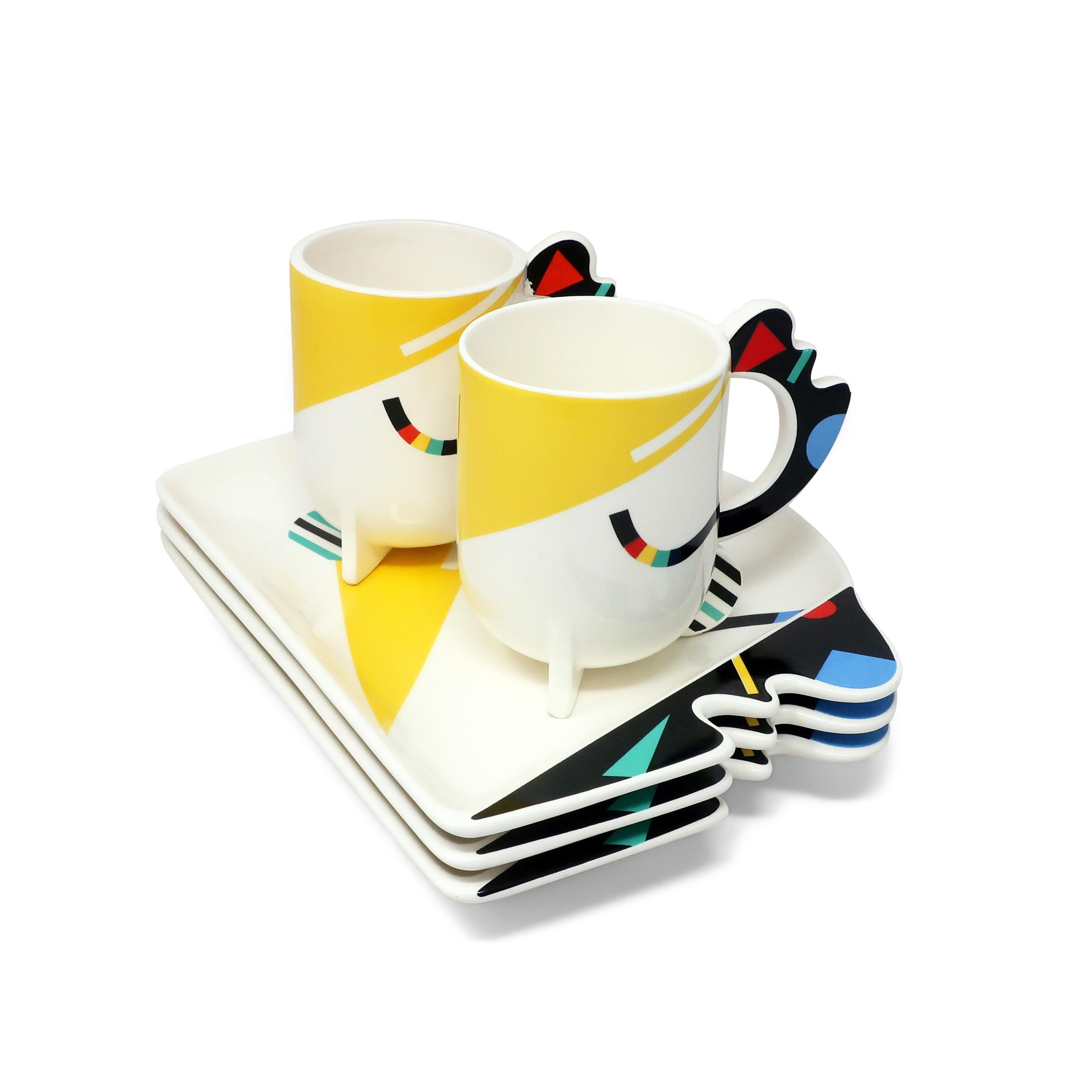1980s Postmodern Kato Kogei Fujimori Humoresque Plates and Mugs - Set of 5 In Good Condition In Brooklyn, NY