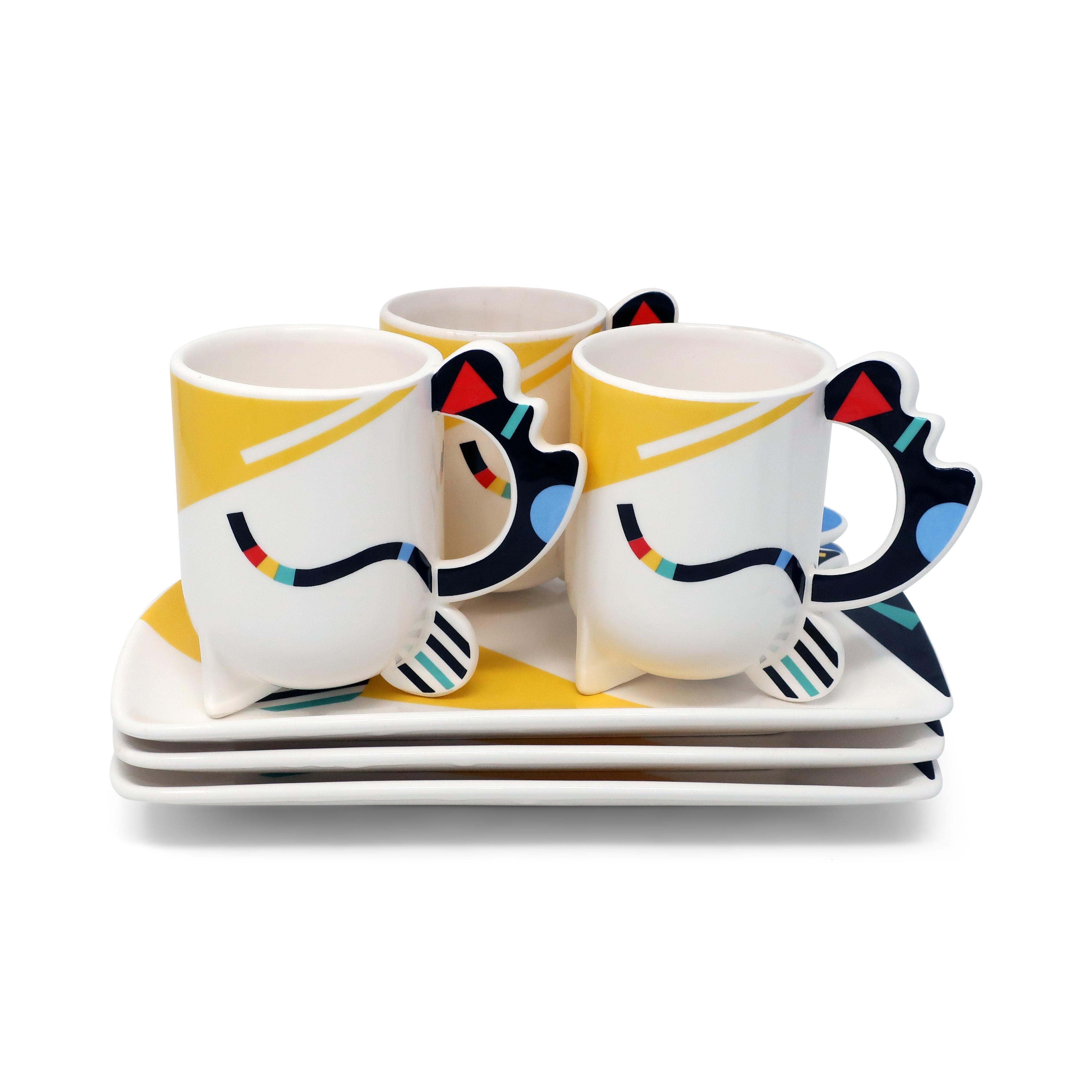1980s Postmodern Kato Kogei Fujimori Humoresque Plates and Mugs, Set of 6 In Good Condition In Brooklyn, NY