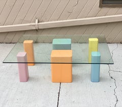1980s Postmodern Laminated Pedestals and Glass Rectangular Coffee Table