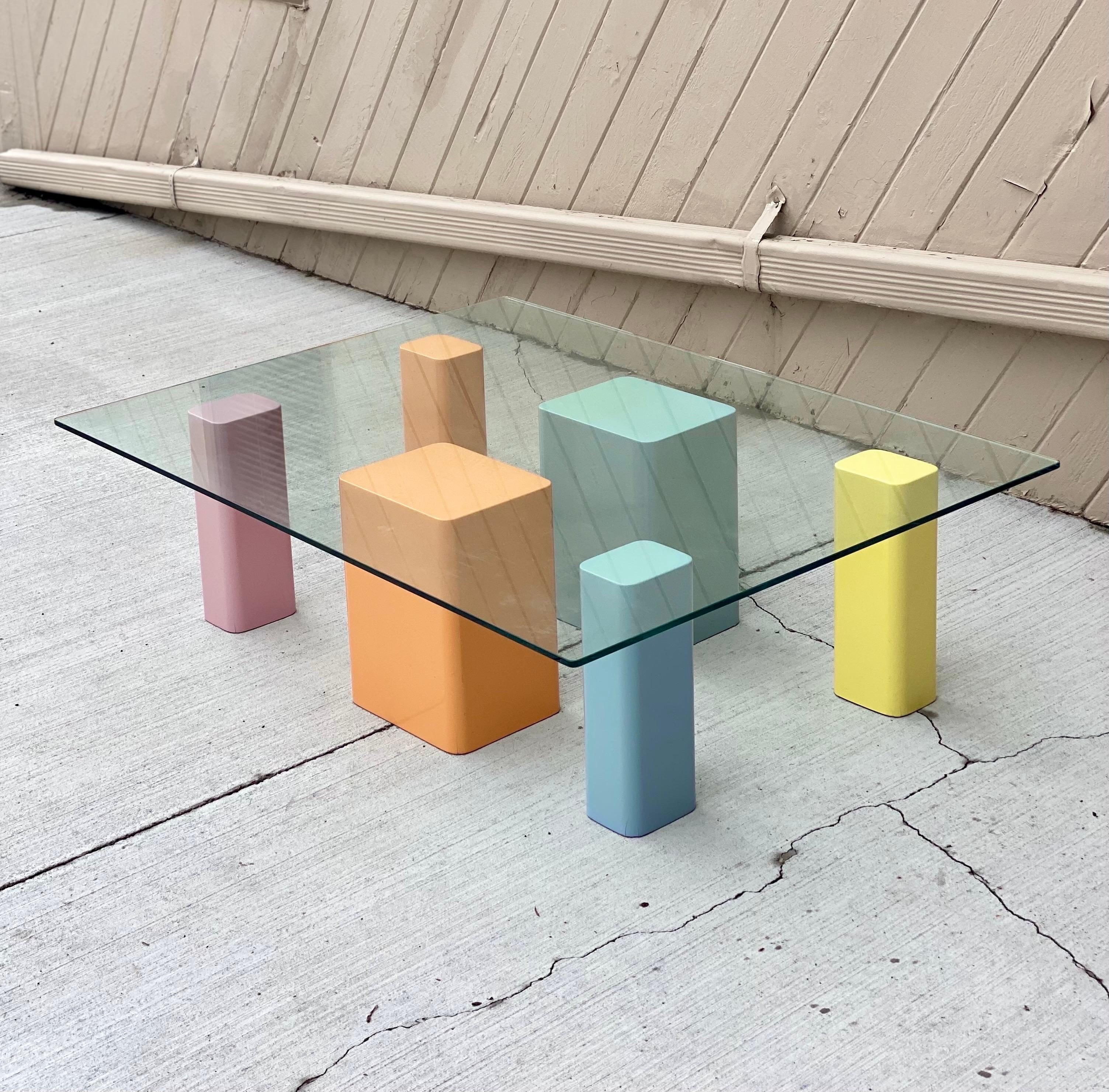 Post-Modern 1980s Postmodern Laminated Pedestals and Glass Rectangular Coffee Table