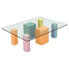 1980s Postmodern Laminated Pedestals and Glass Rectangular Coffee Table
