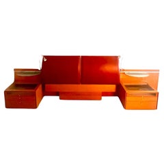1980s Postmodern Leather Headboard Nightstands & Lamps King Or Queen Size