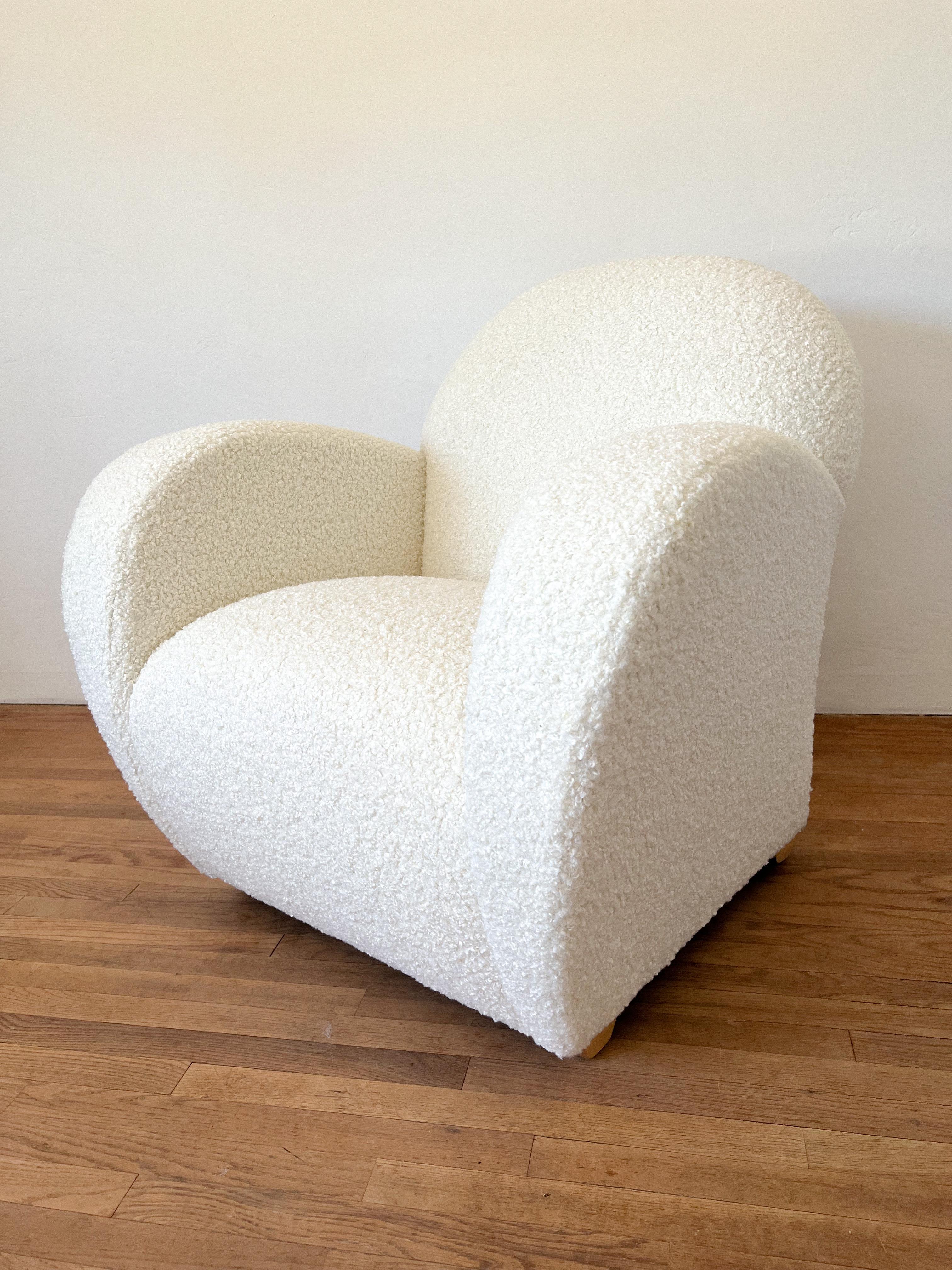 Postmodern Lounge Chair by Loewenstein fully reupholstered in imported cream Italian Sherpa fabric.