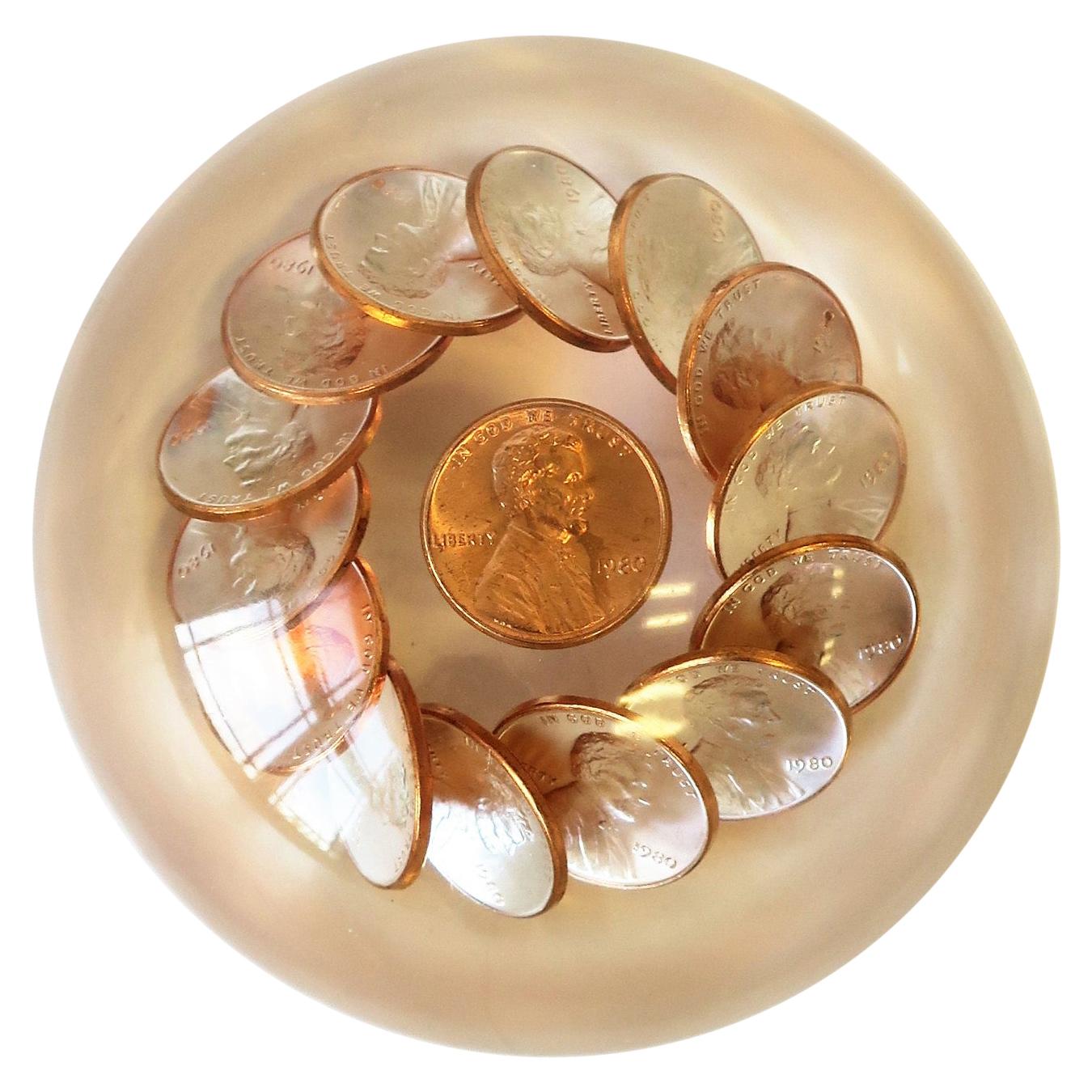 Lucite Copper Penny Paperweight Decorative Object, 1980s