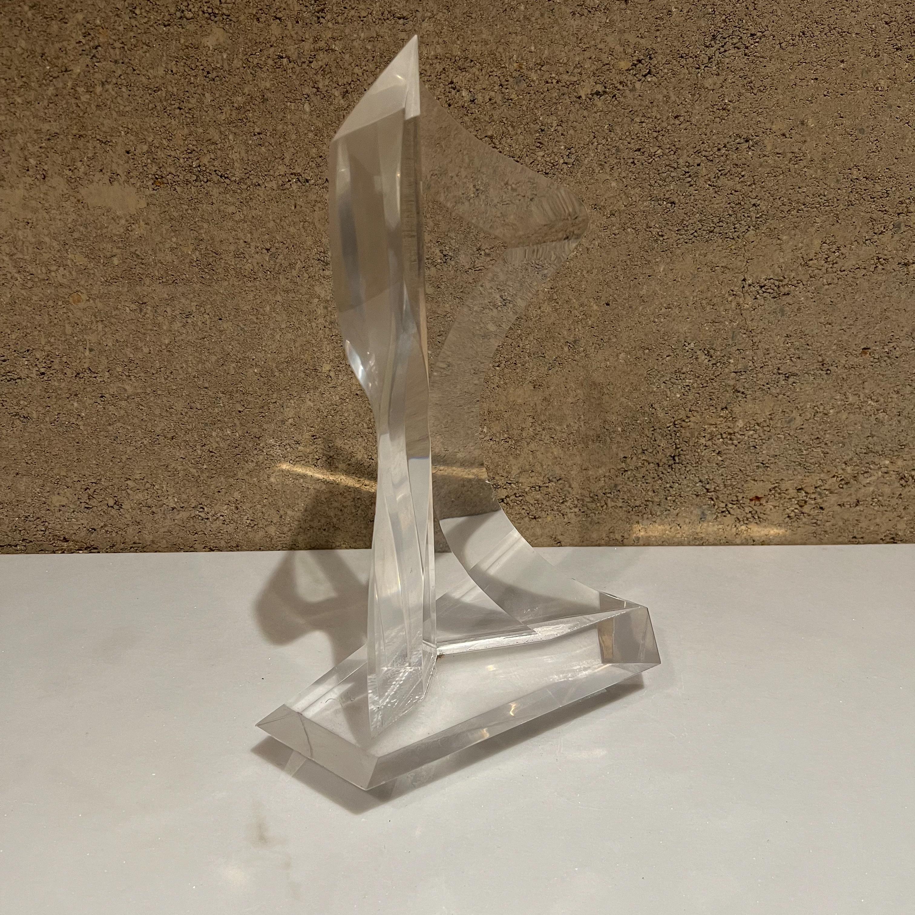 Modern lucite.
1980s Lucite table Art Modernist abstract sculpture.
Signed art.
Measures: 12.5 tall x 8 wide x 5.5 deep.
Preowned unrestored original vintage condition.
See images provided.
 