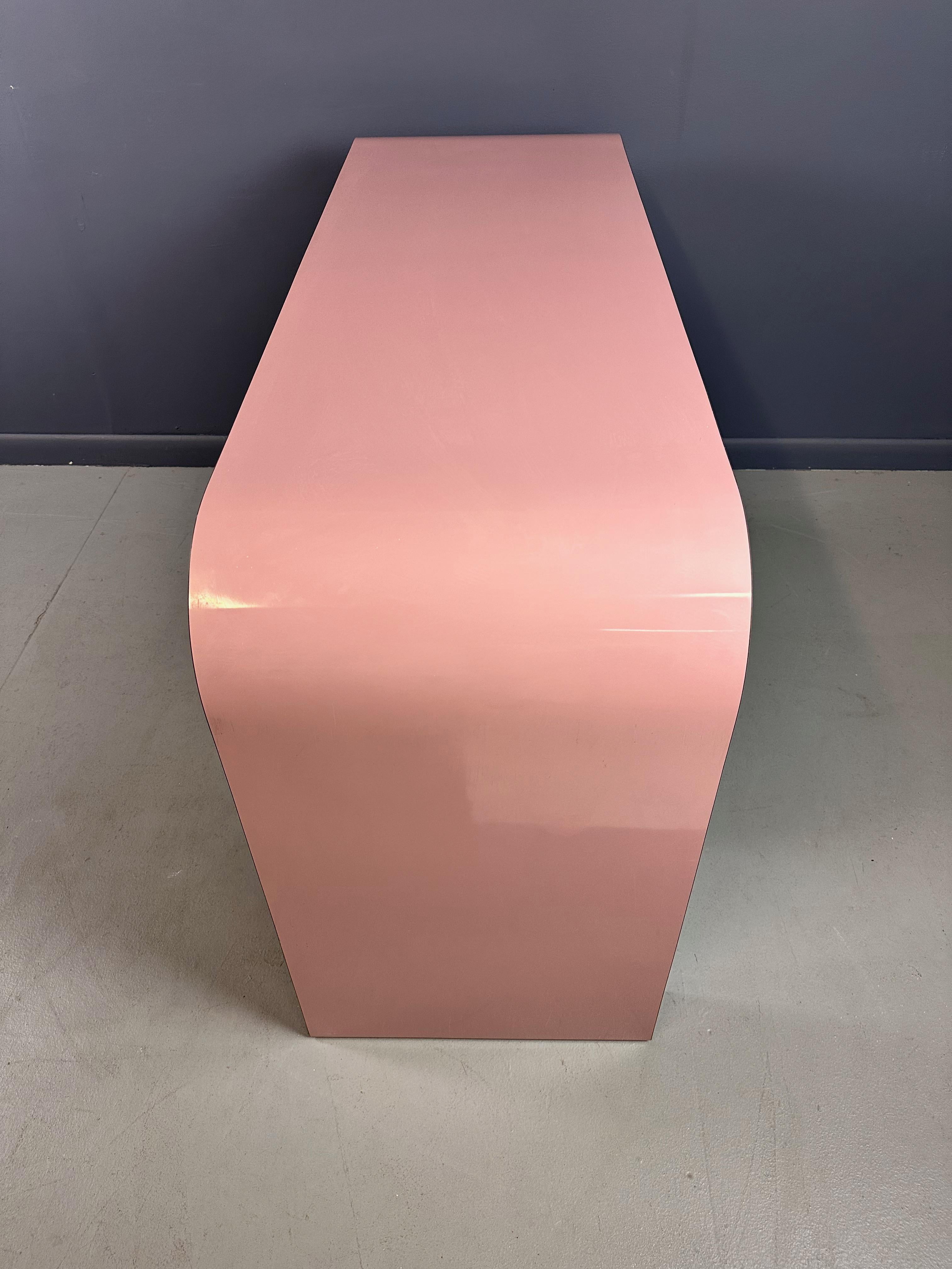 1980s Postmodern Mauve Waterfall Laminate Desk with Two Drawers and custom Bench 4