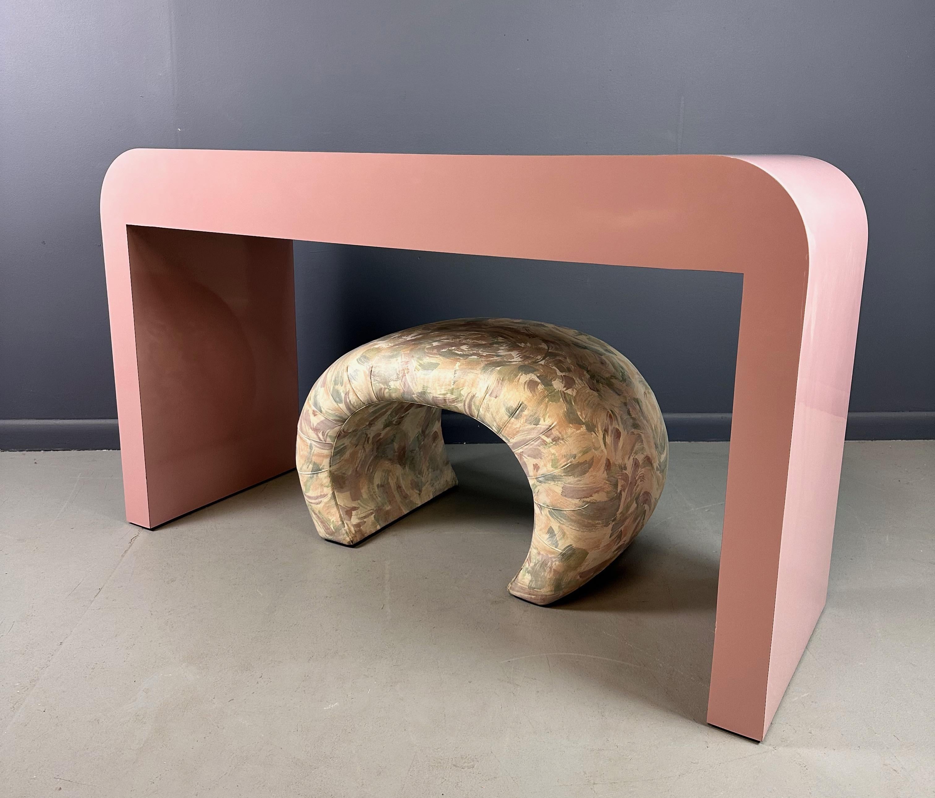 1980s Postmodern Mauve Waterfall Laminate Desk with Two Drawers and custom Bench 5