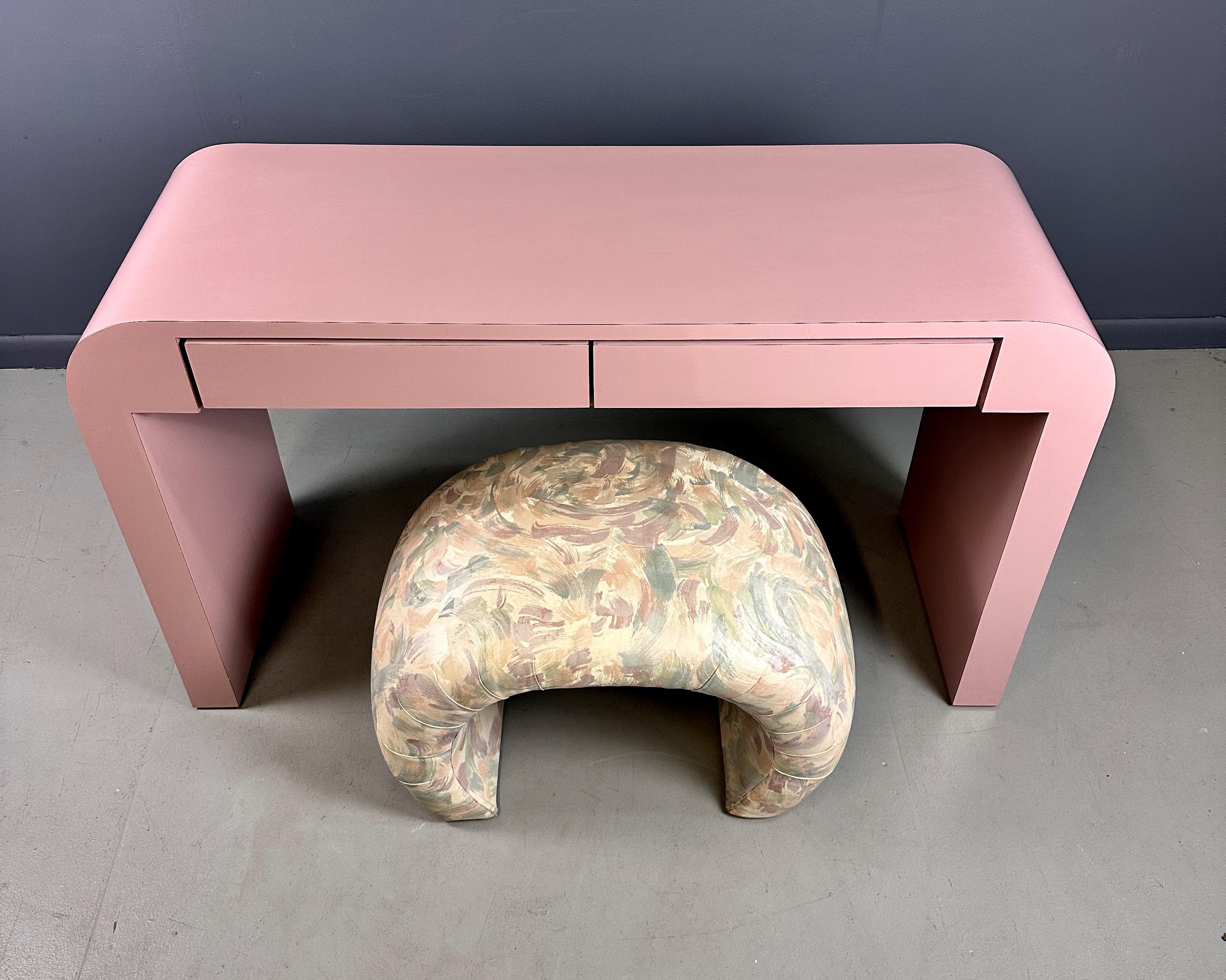 20th Century 1980s Postmodern Mauve Waterfall Laminate Desk with Two Drawers and custom Bench