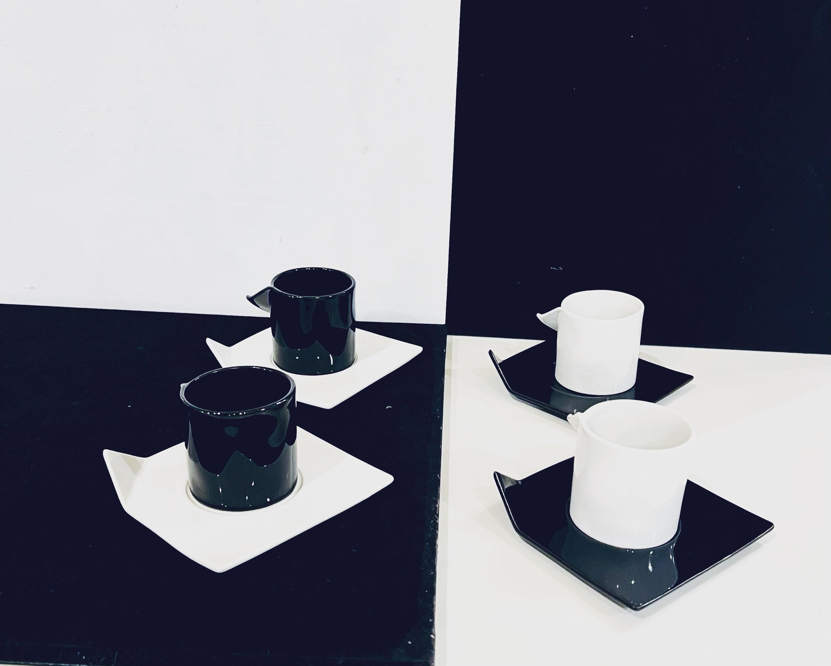 Japanese 1980's Postmodern Memphis Era Set of 4 espresso Ceramic Origami Cups & Saucers 