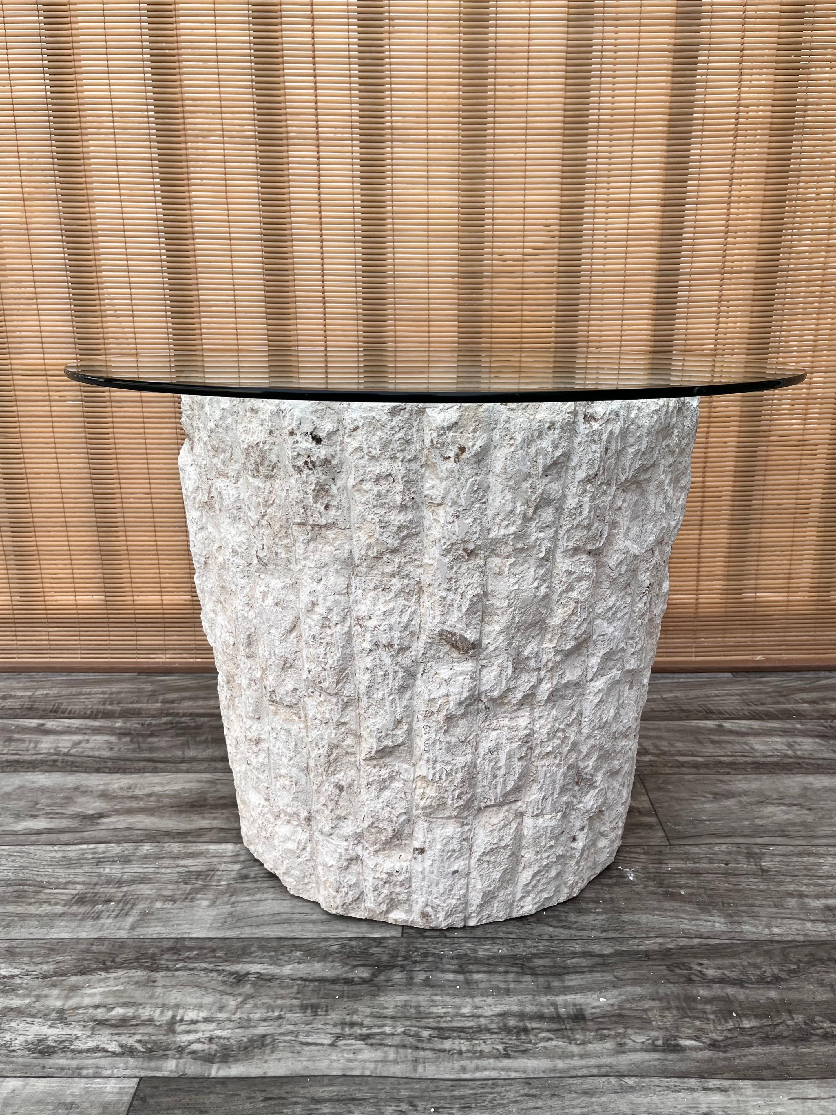 1980s Postmodern Natural Mactan Stone Accent / End Table with Glass Top For Sale 3