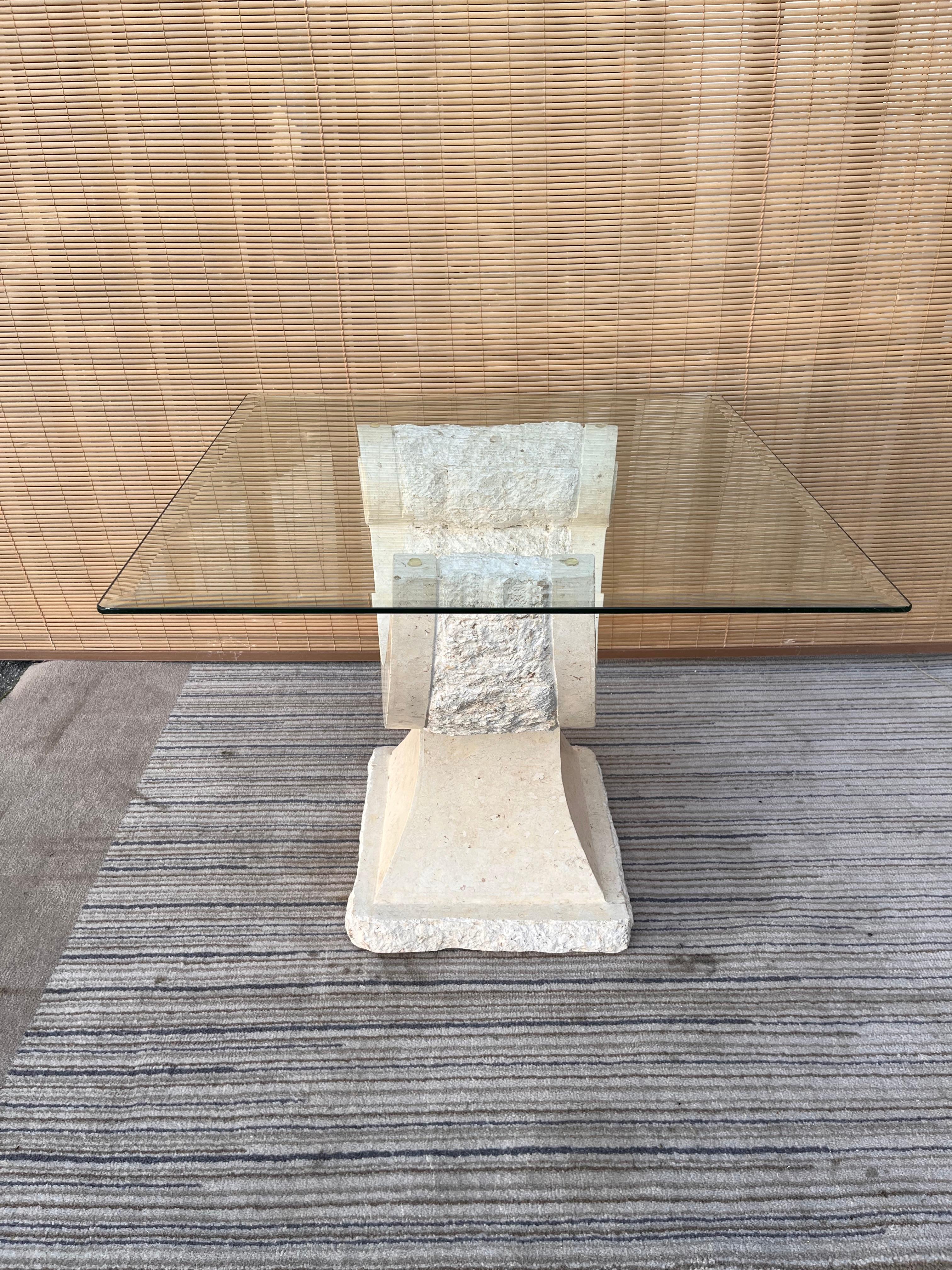 1980s Postmodern Natural Mactan stone Accent / End Table with Glass Top For Sale 3
