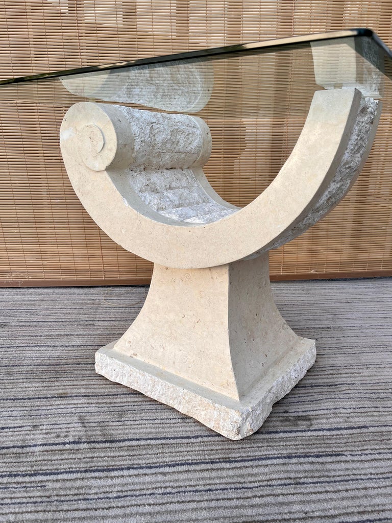 1980s Postmodern Natural Mactan stone Accent / End Table with Glass Top