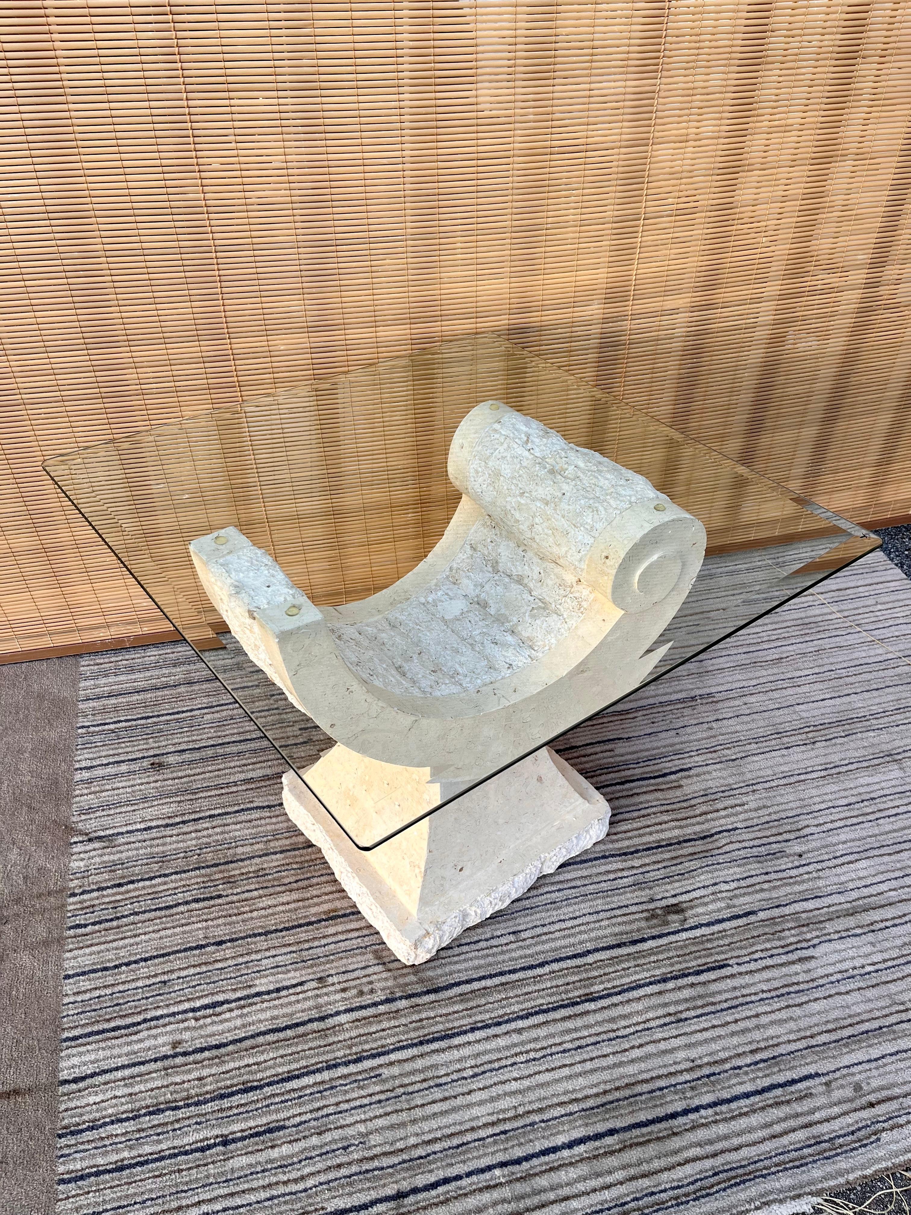 Post-Modern 1980s Postmodern Natural Mactan stone Accent / End Table with Glass Top For Sale