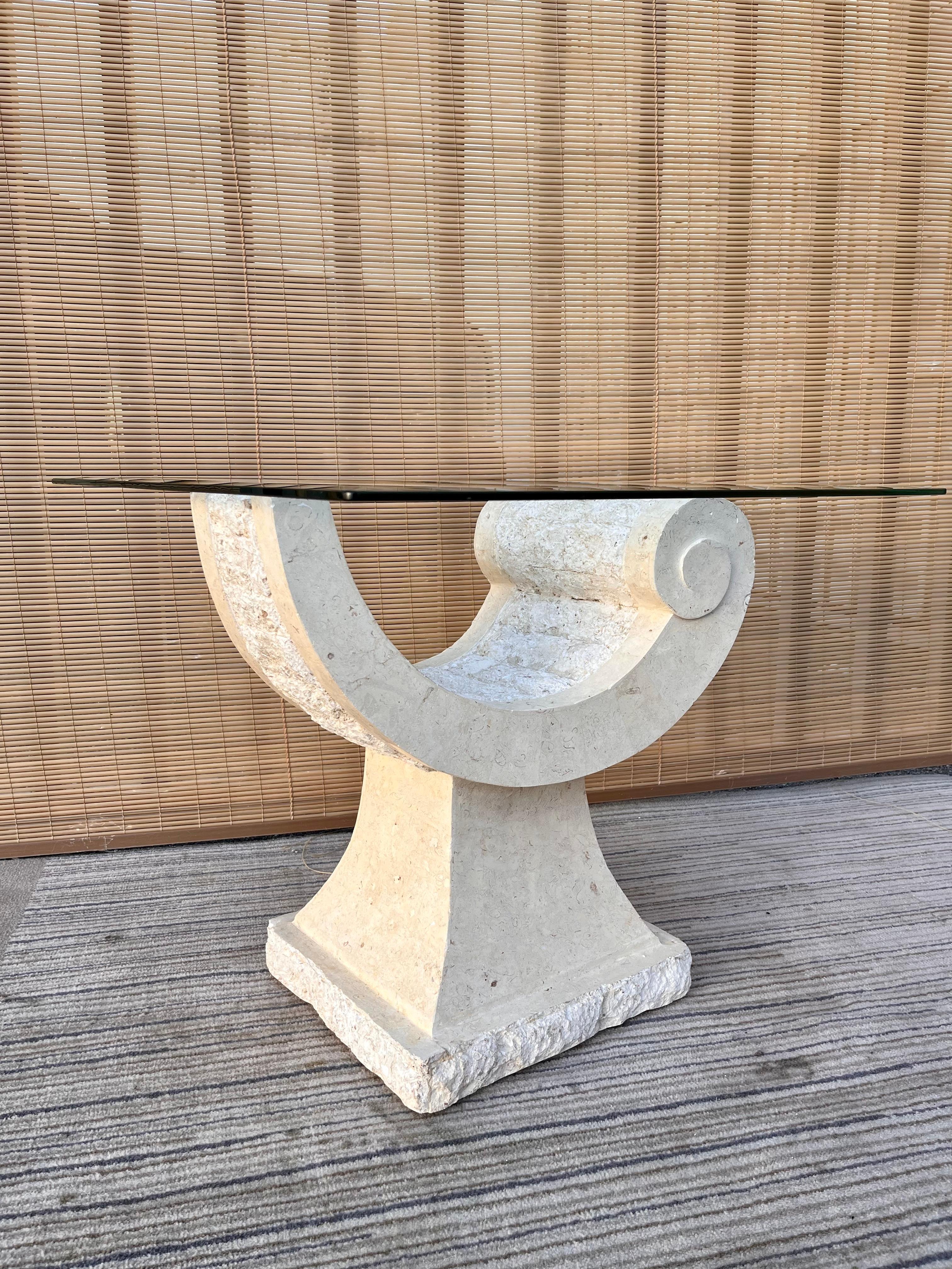 Philippine 1980s Postmodern Natural Mactan stone Accent / End Table with Glass Top For Sale