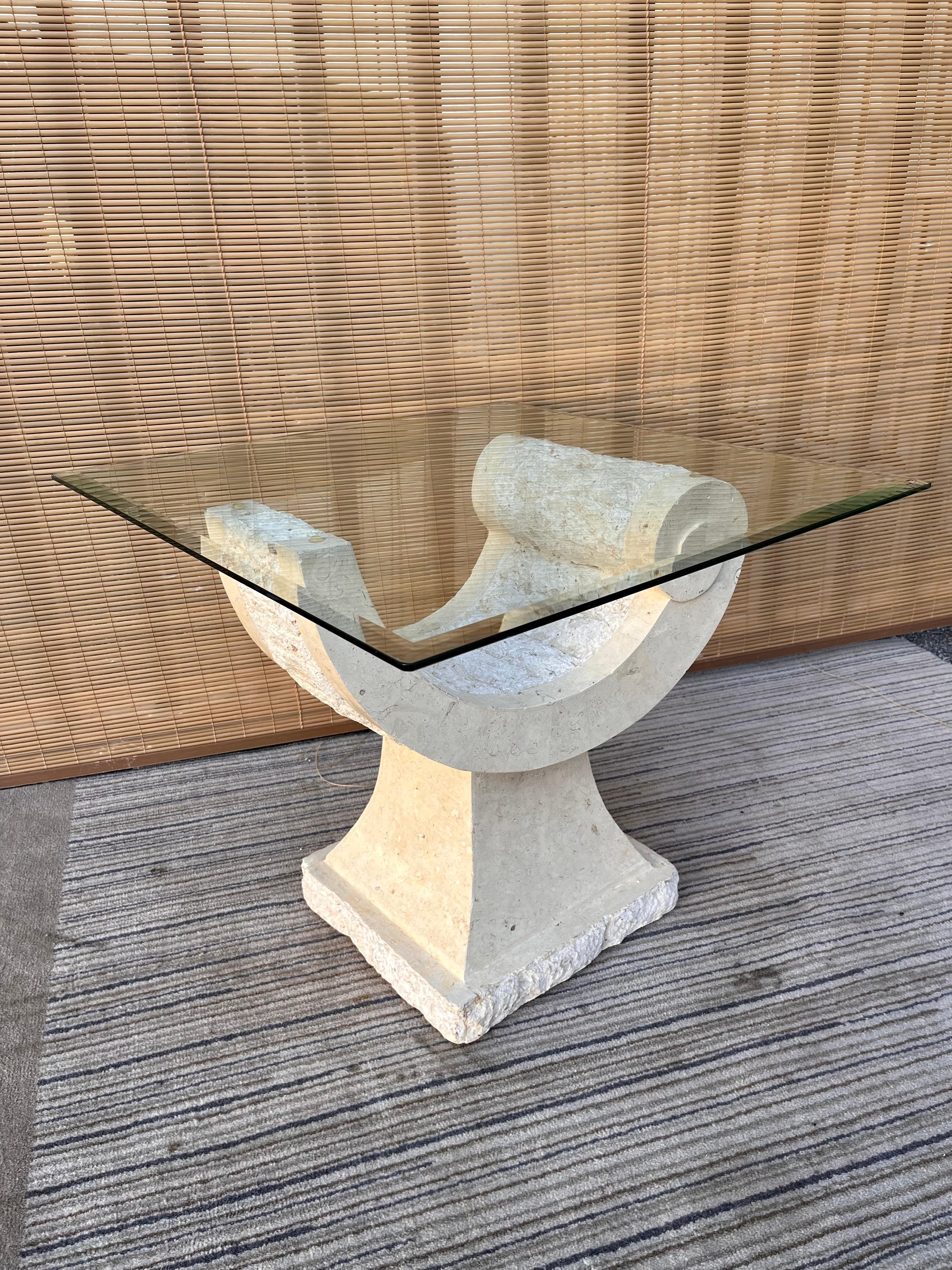 Beveled 1980s Postmodern Natural Mactan stone Accent / End Table with Glass Top For Sale