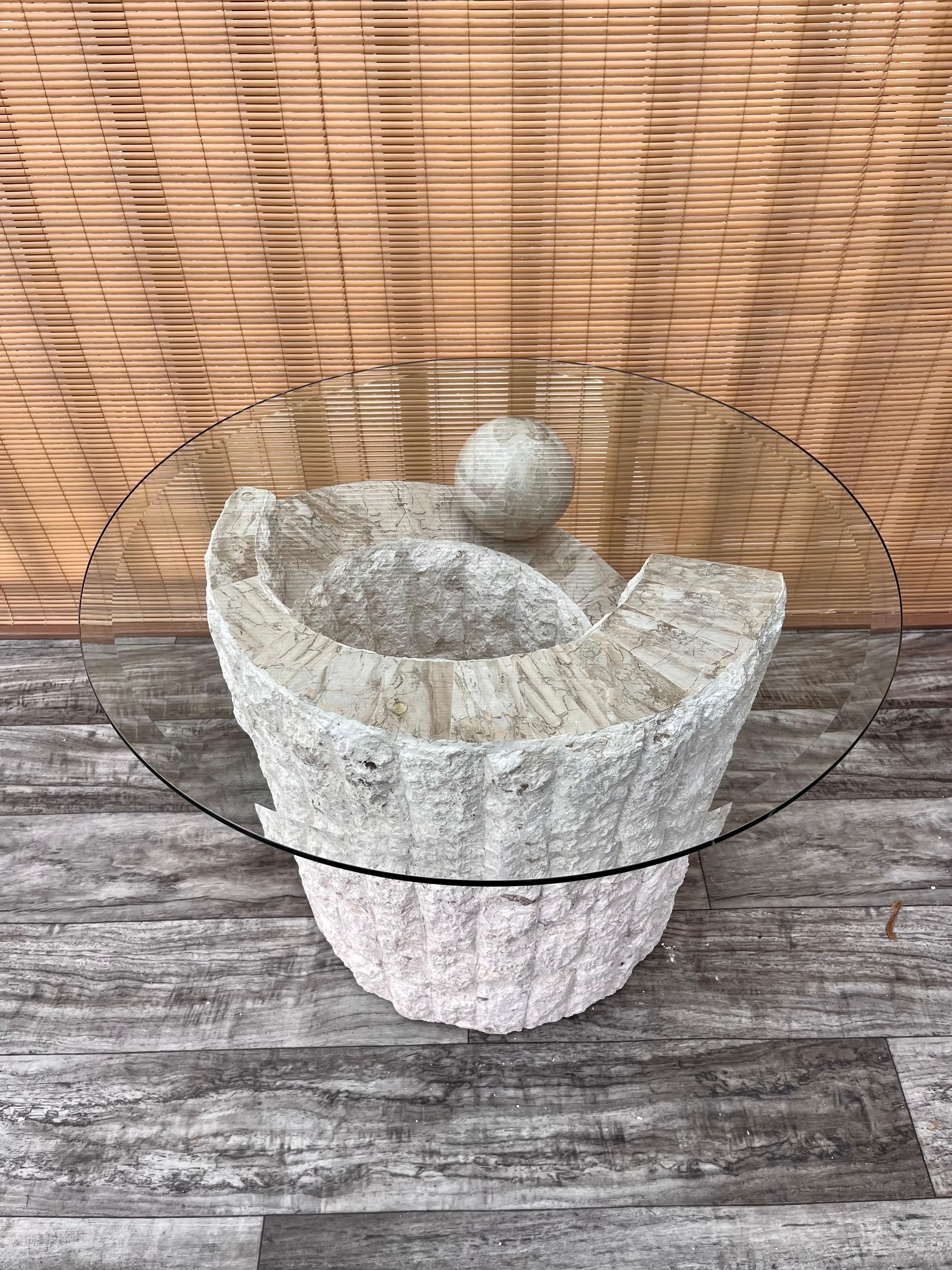 Philippine 1980s Postmodern Natural Mactan Stone Accent / End Table with Glass Top For Sale