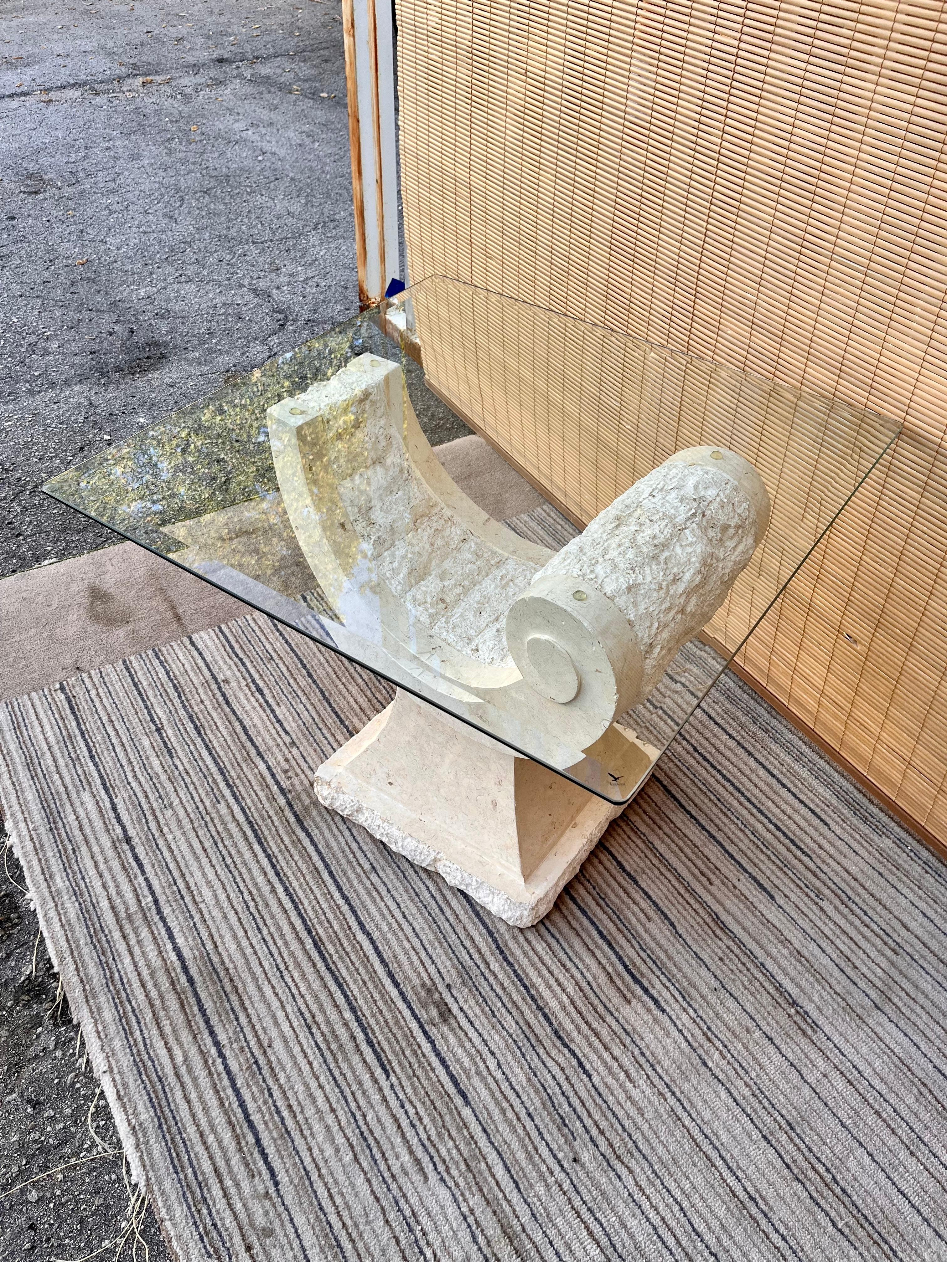 Late 20th Century 1980s Postmodern Natural Mactan stone Accent / End Table with Glass Top For Sale