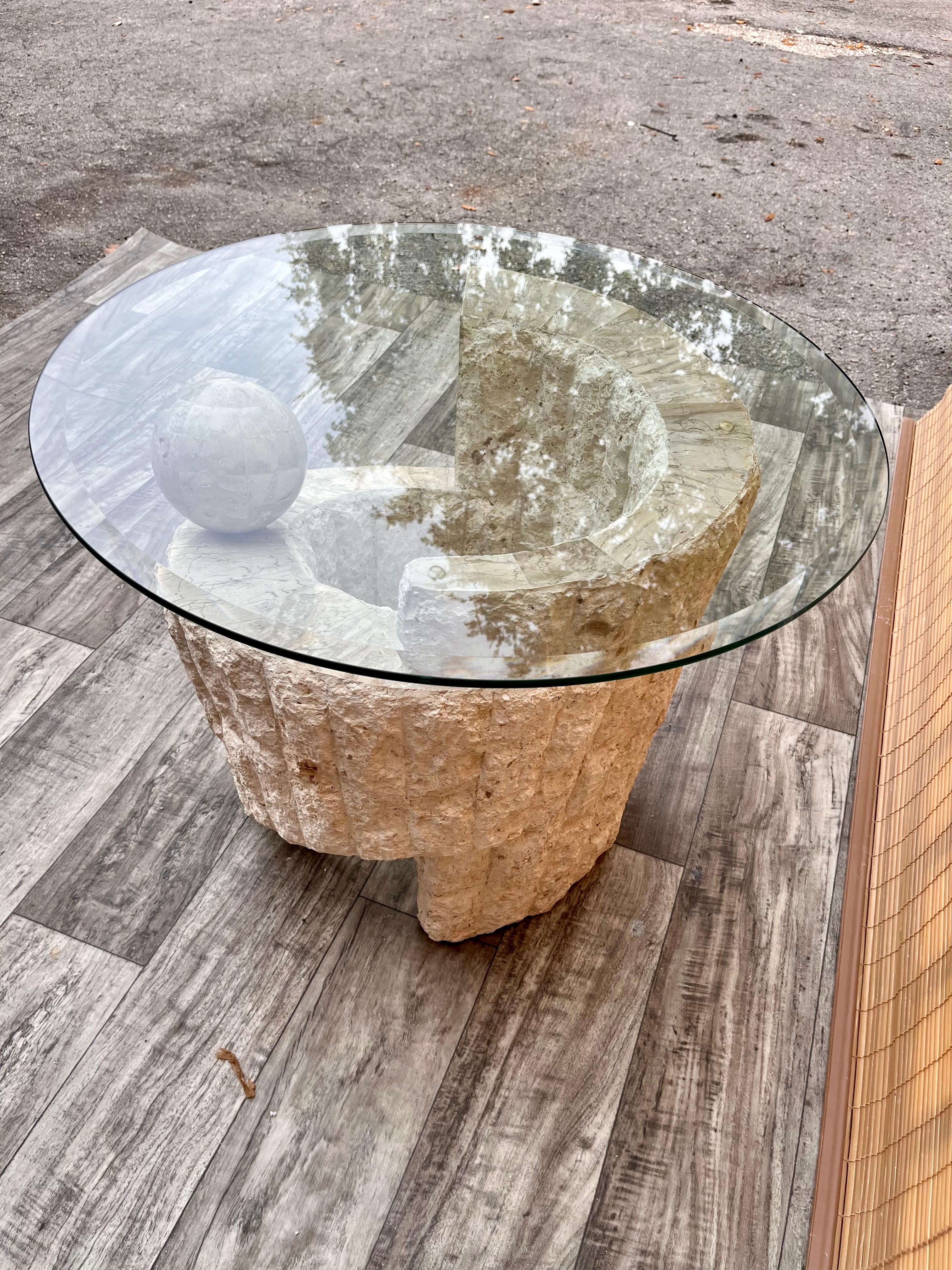 Late 20th Century 1980s Postmodern Natural Mactan Stone Accent / End Table with Glass Top For Sale