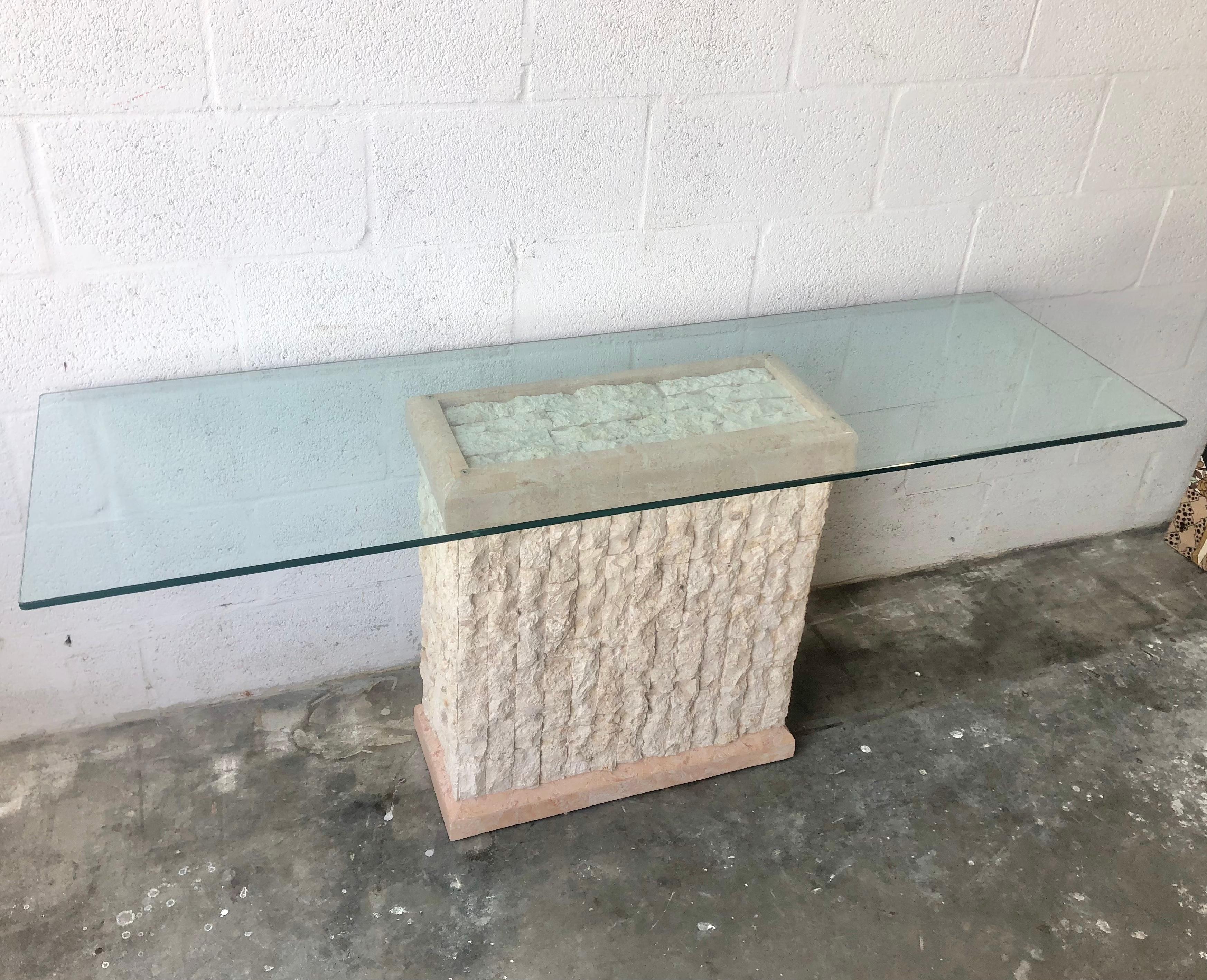 Post-Modern 1980s Postmodern Natural Mactan Stone Console /Sofa Table with Glass Top For Sale