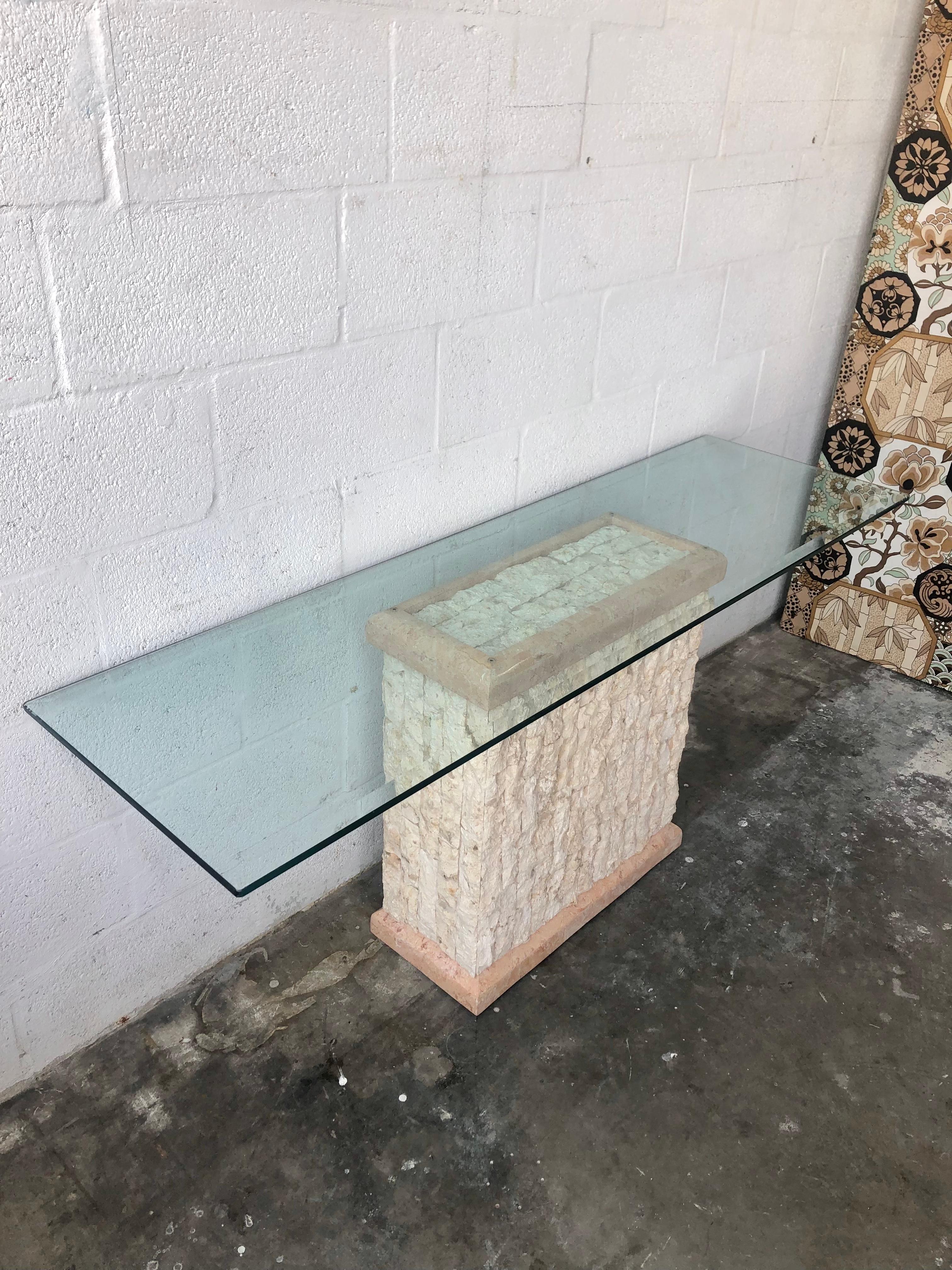 Philippine 1980s Postmodern Natural Mactan Stone Console /Sofa Table with Glass Top For Sale