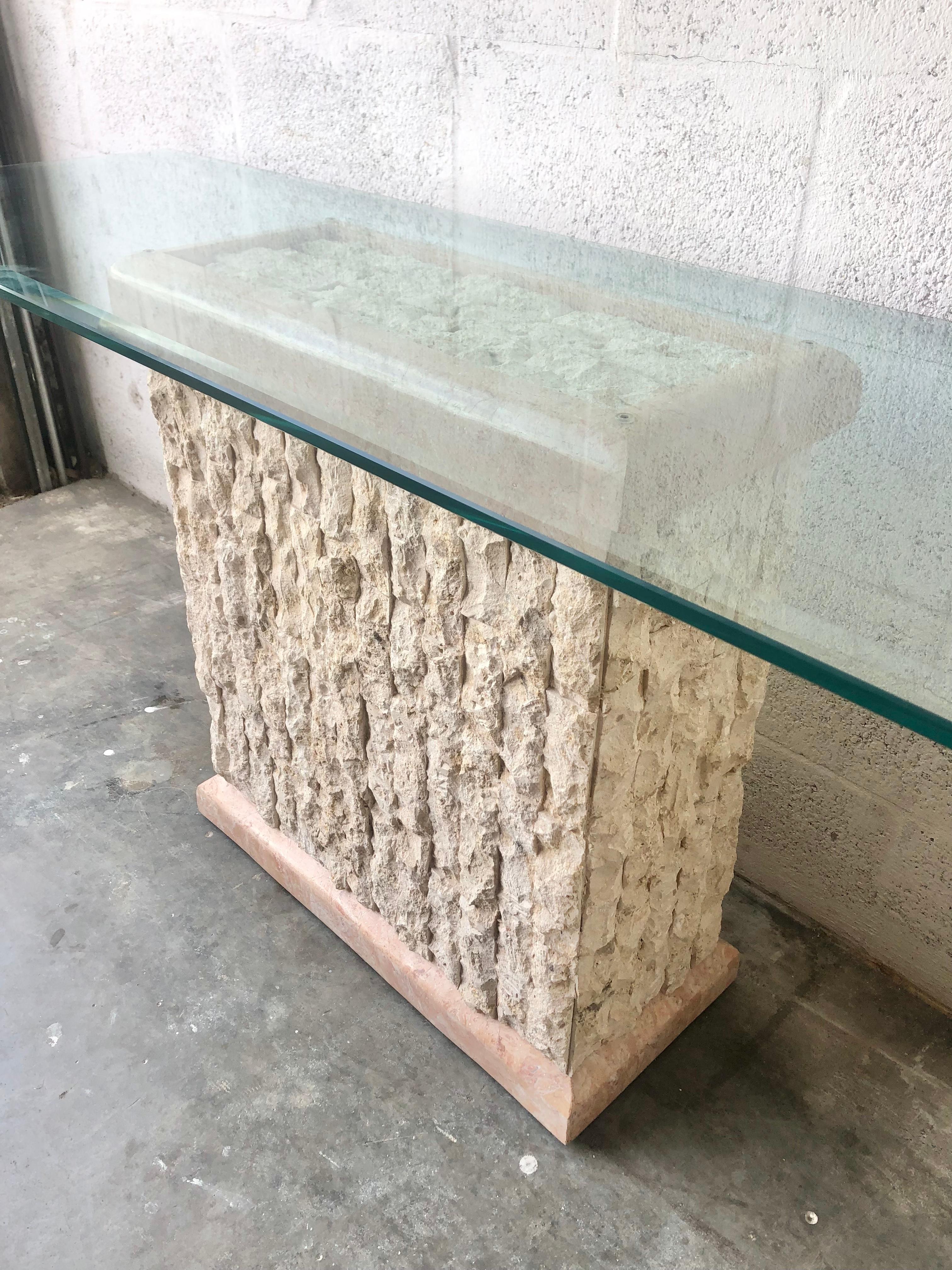 Late 20th Century 1980s Postmodern Natural Mactan Stone Console /Sofa Table with Glass Top For Sale