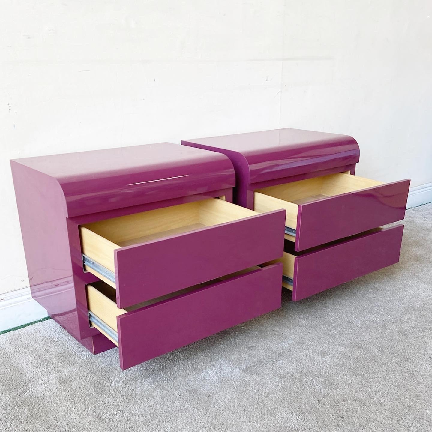 Post-Modern 1980s Postmodern Purple Lacquer Laminate Nightstands, a Pair