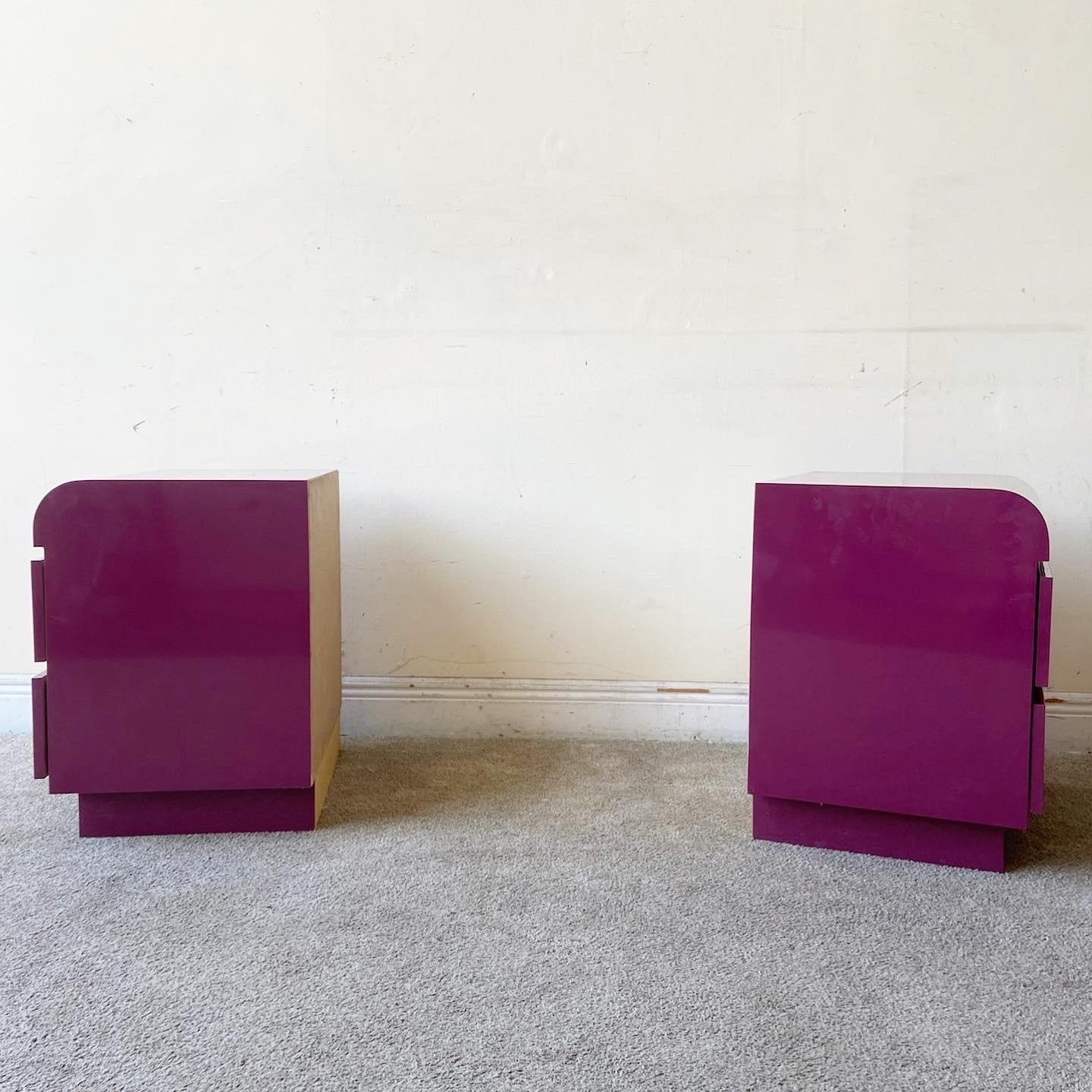 American 1980s Postmodern Purple Lacquer Laminate Nightstands, a Pair