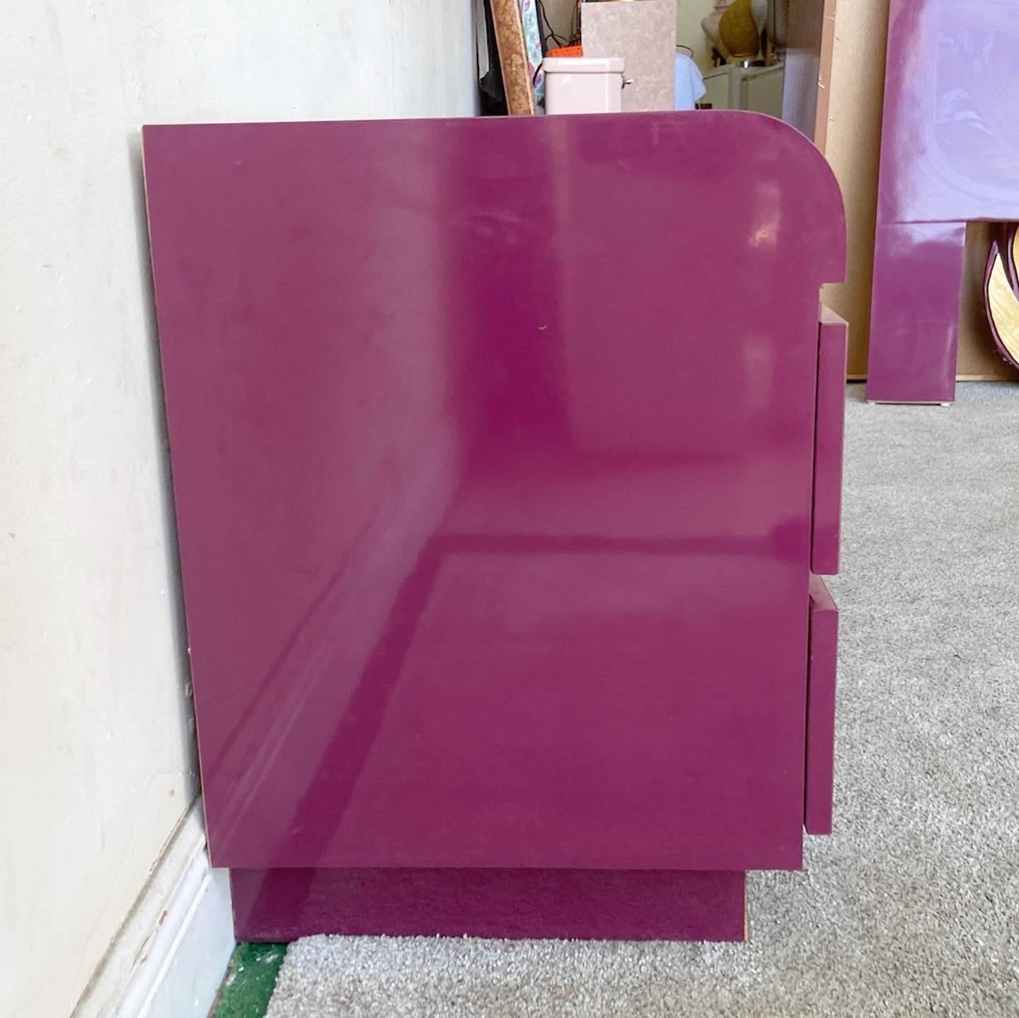 Late 20th Century 1980s Postmodern Purple Lacquer Laminate Nightstands, a Pair