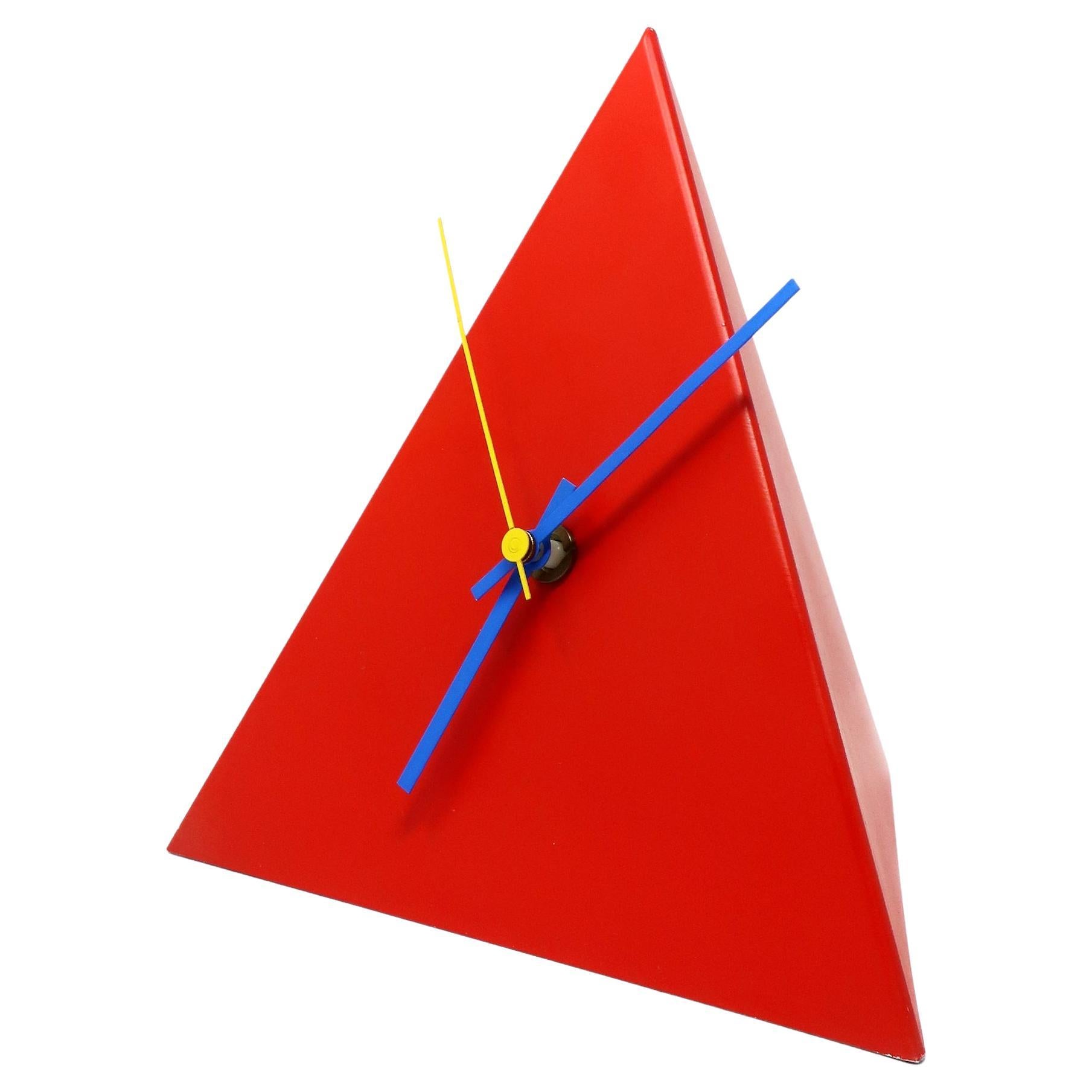 1980s Postmodern Red Metal Pyramid Clock For Sale