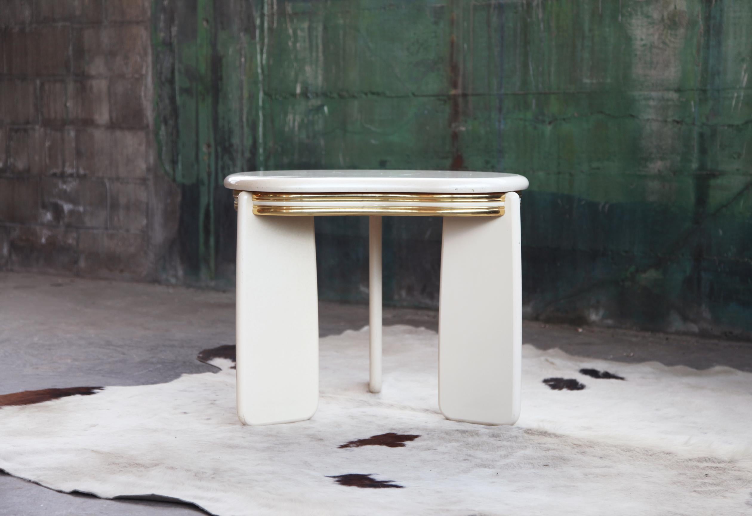 Late 20th Century 1980s Postmodern Regency Brass + White Lacquered Coffee Table For Sale