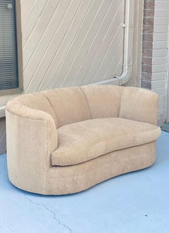 1980s Postmodern Reupholstered Taupe Curved Channel Sofa