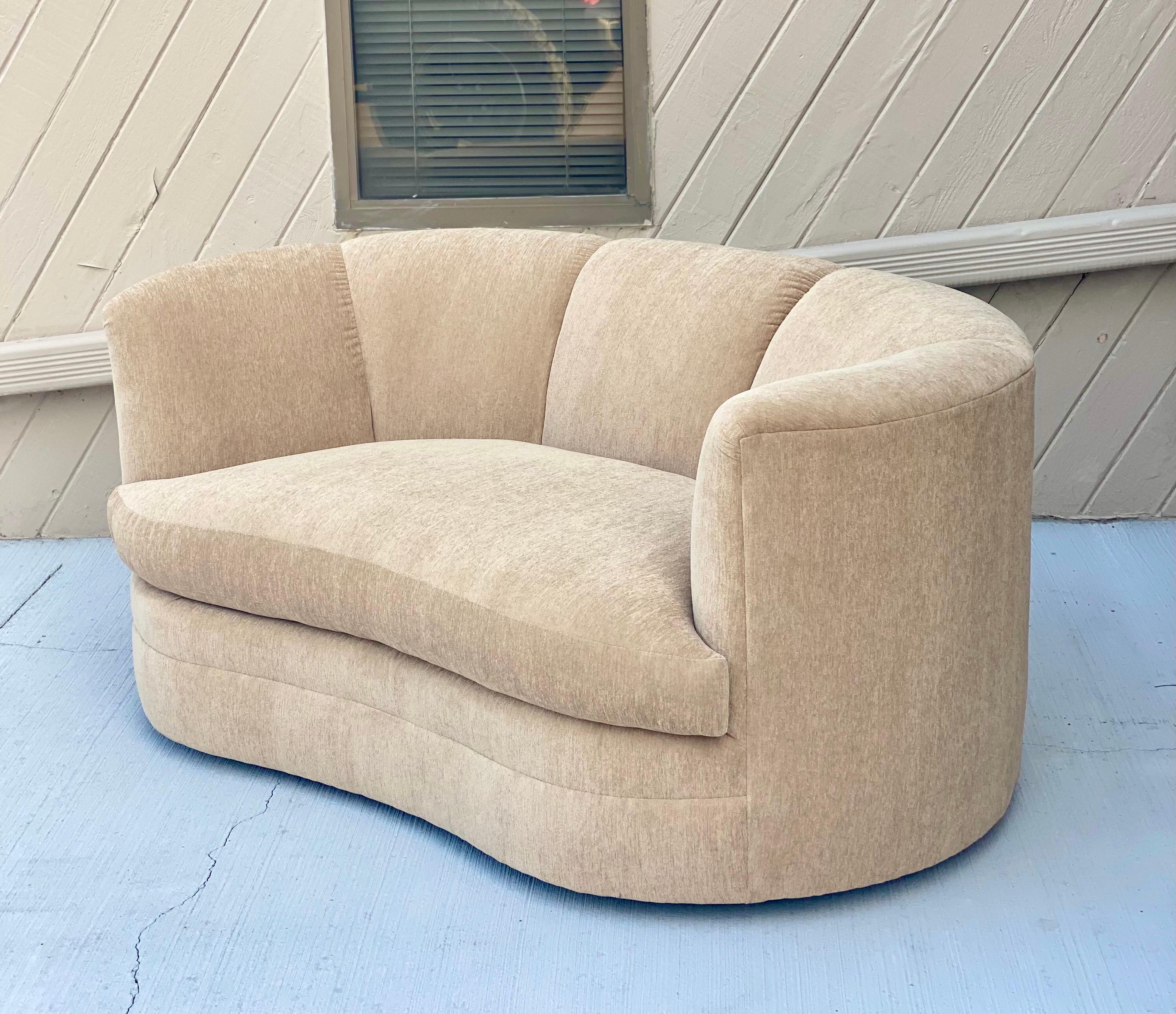 Post-Modern 1980s Postmodern Reupholstered Taupe Curved Channel Sofa