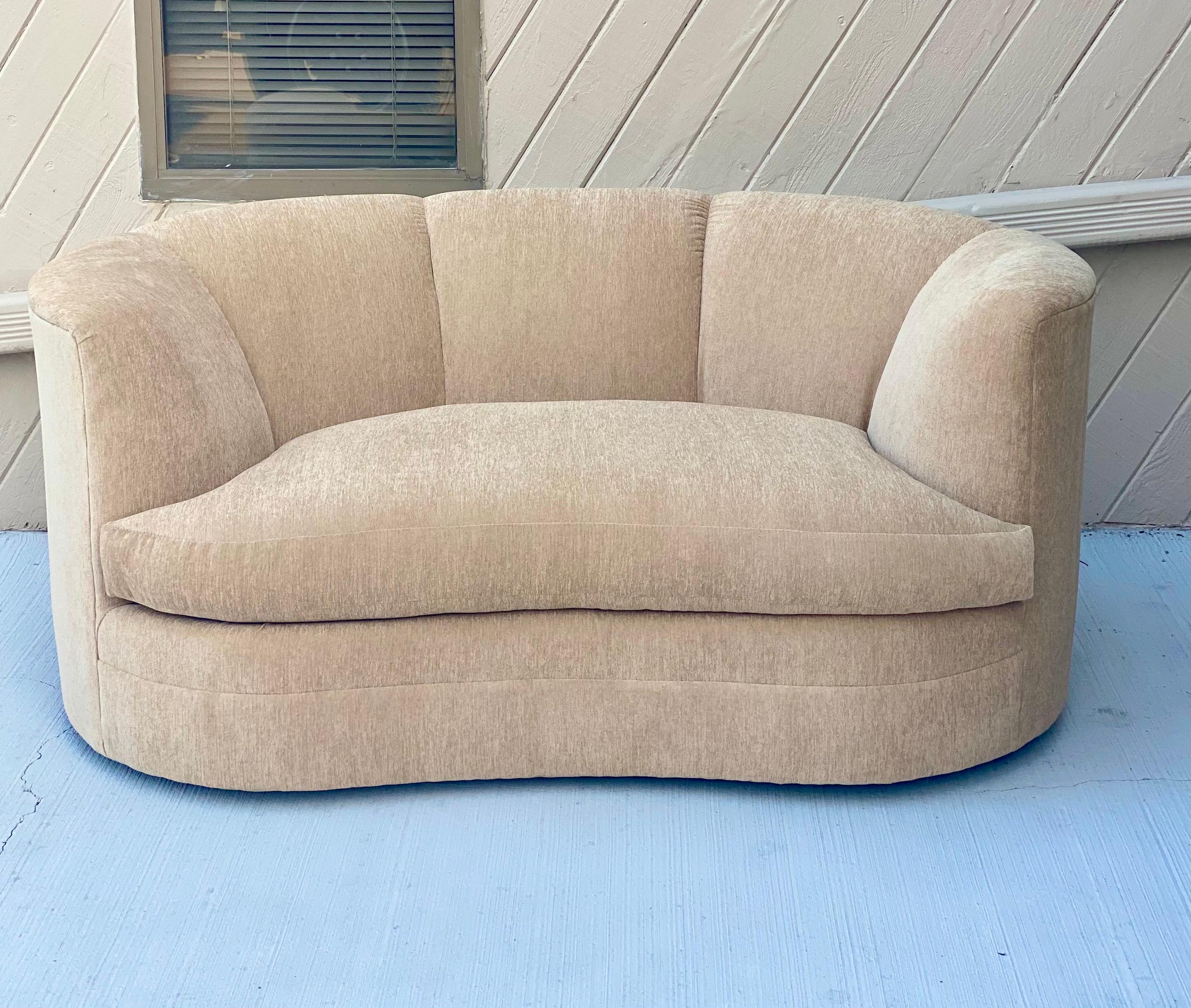 Late 20th Century 1980s Postmodern Reupholstered Taupe Curved Channel Sofa