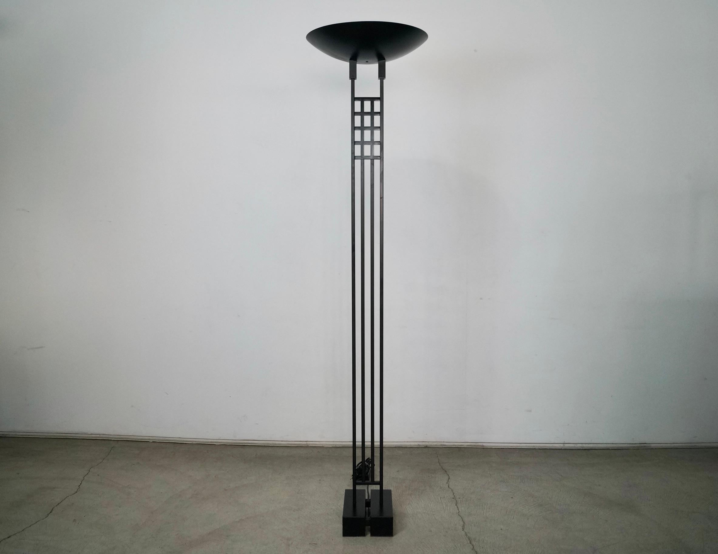 Vintage post modern floor lamp for sale. Designed by Robert Sonneman for George Kovacs in the 1980's, and is very architectural. It's in excellent condition, and has a dimmer light switch. It has a halogen bulb, and is in great working order. It's a