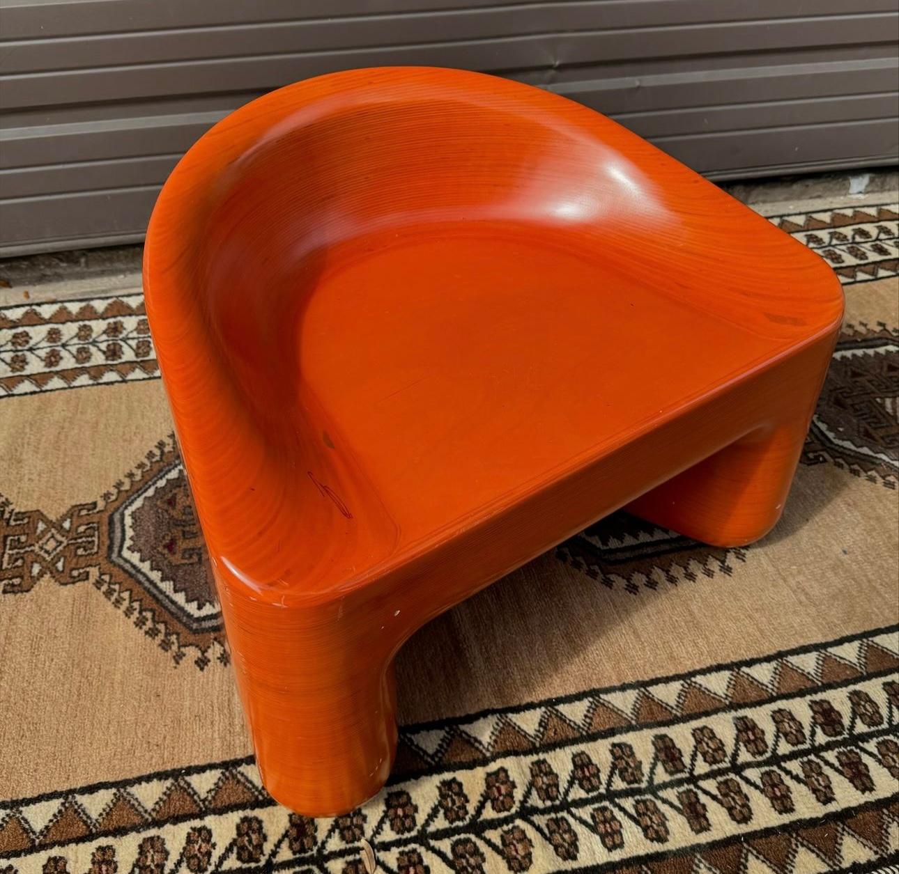1980s Postmodern Sculpted Orange Lacquer Pressed Oak Lounge Chair 5