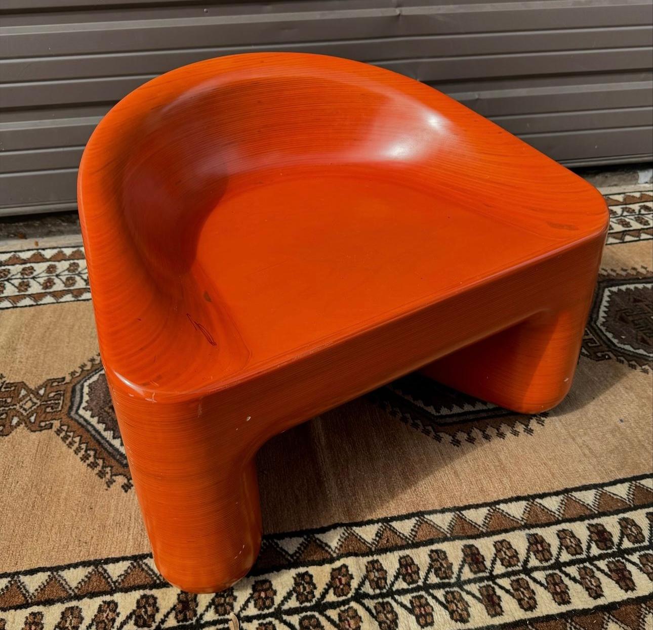 Unknown 1980s Postmodern Sculpted Orange Lacquer Pressed Oak Lounge Chair