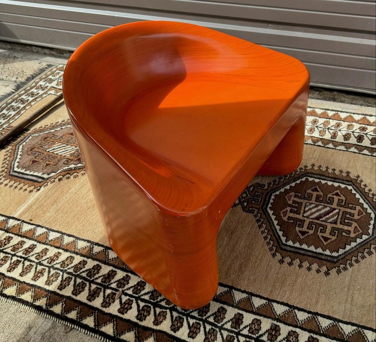 1980s Postmodern Sculpted Orange Lacquer Pressed Oak Lounge Chair In Good Condition In Stafford, TX