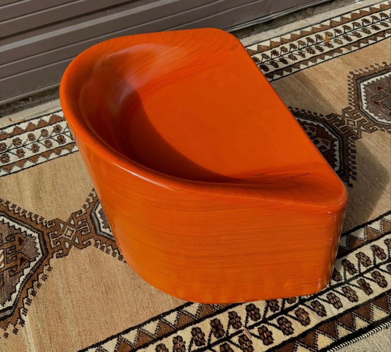 Late 20th Century 1980s Postmodern Sculpted Orange Lacquer Pressed Oak Lounge Chair