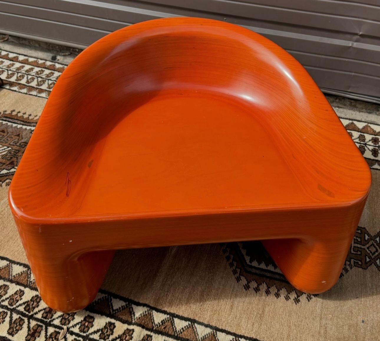 1980s Postmodern Sculpted Orange Lacquer Pressed Oak Lounge Chair 1
