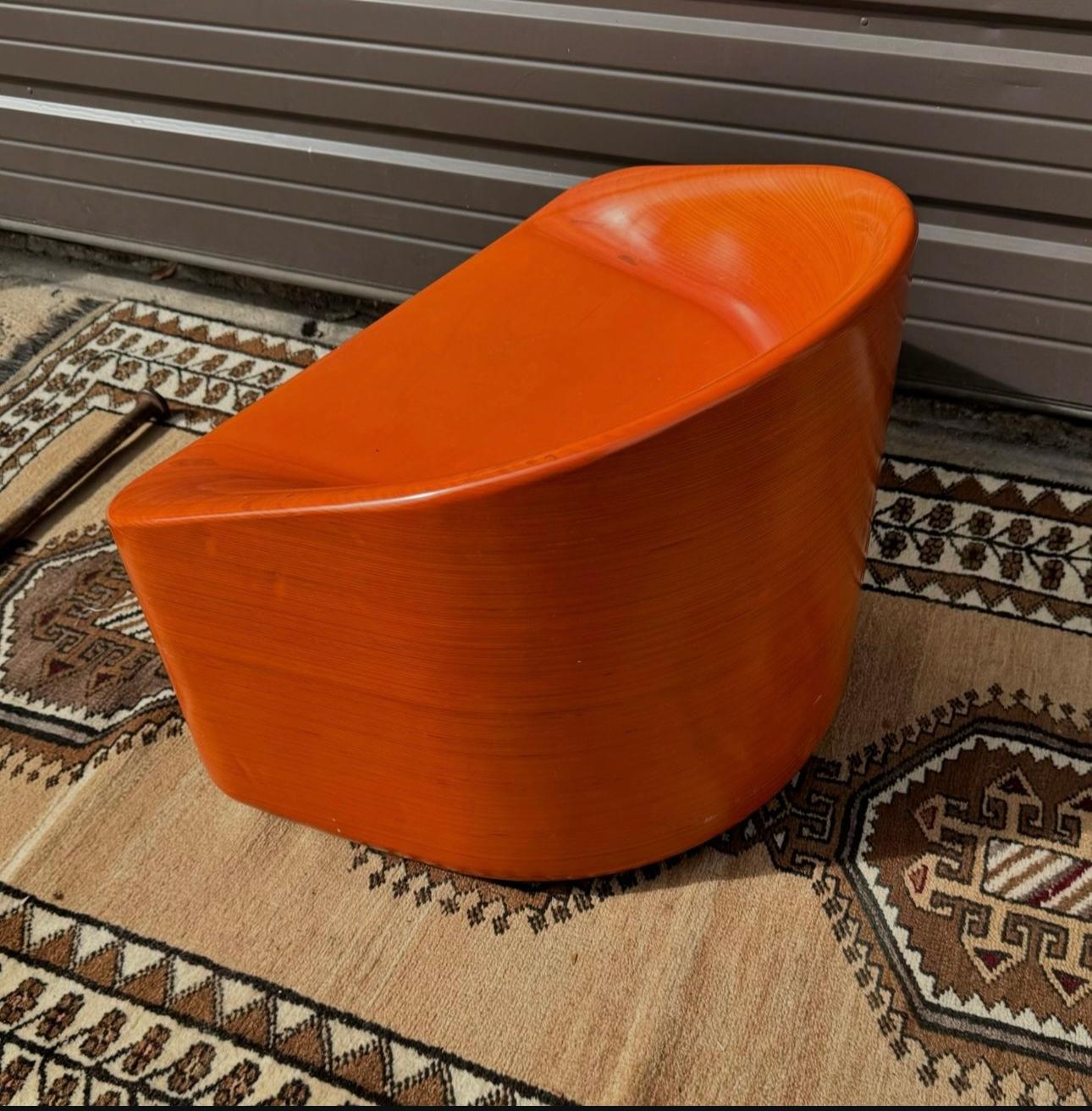 1980s Postmodern Sculpted Orange Lacquer Pressed Oak Lounge Chair 2