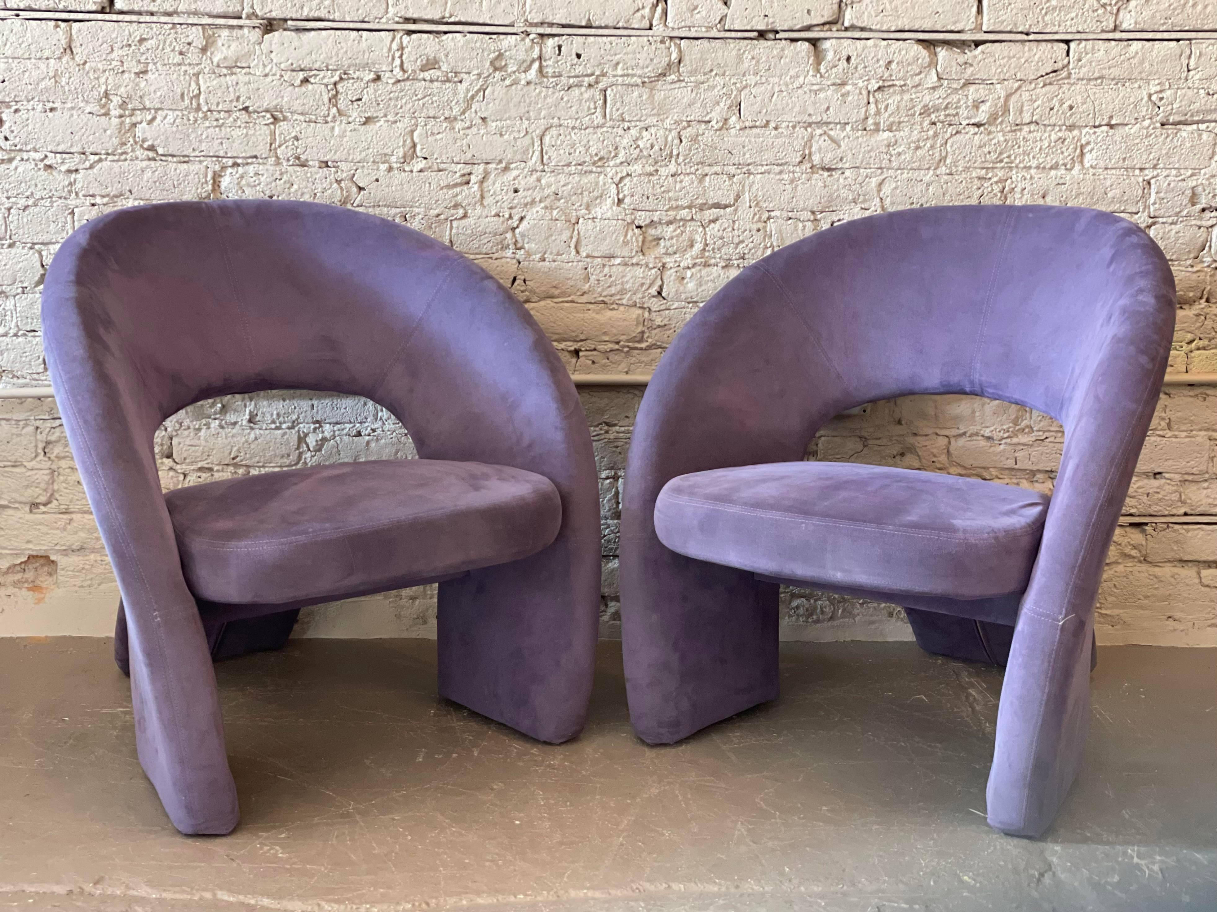 Super cool and comfortable postmodern chairs. Great angles, they look good from all directions. The original ultra suede is in excellent condition and can be used as is. I also have two more identical chairs (one turquoise, one red) incase you need