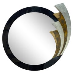 1980s Postmodern Sculptural Round Black Gold Silver Mirror