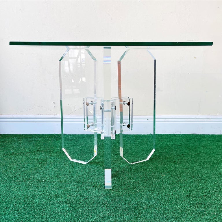 American 1980s Postmodern Square Glass Top Lucite Base Side Table